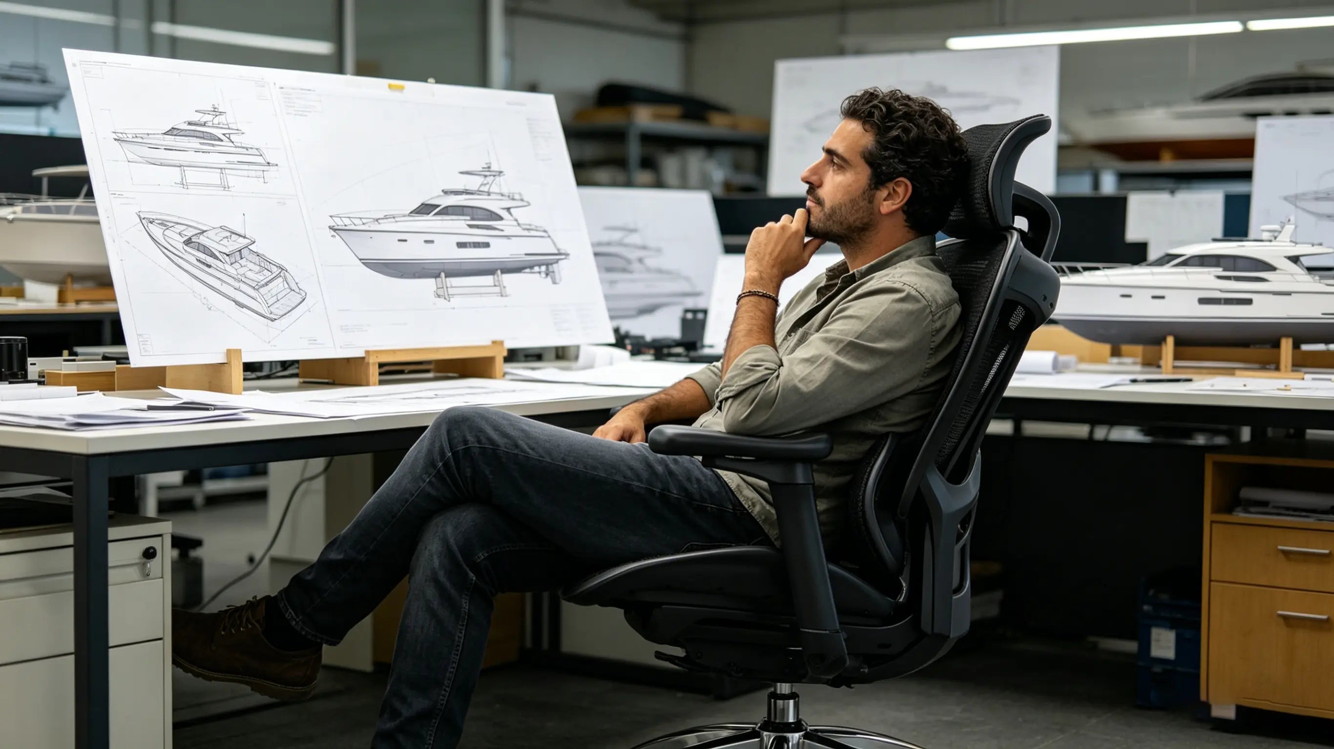 Marc designing luxury yacht hulls while sitting on his High Back Ergonomic Mesh Task Chair in Palma de Mallorca.