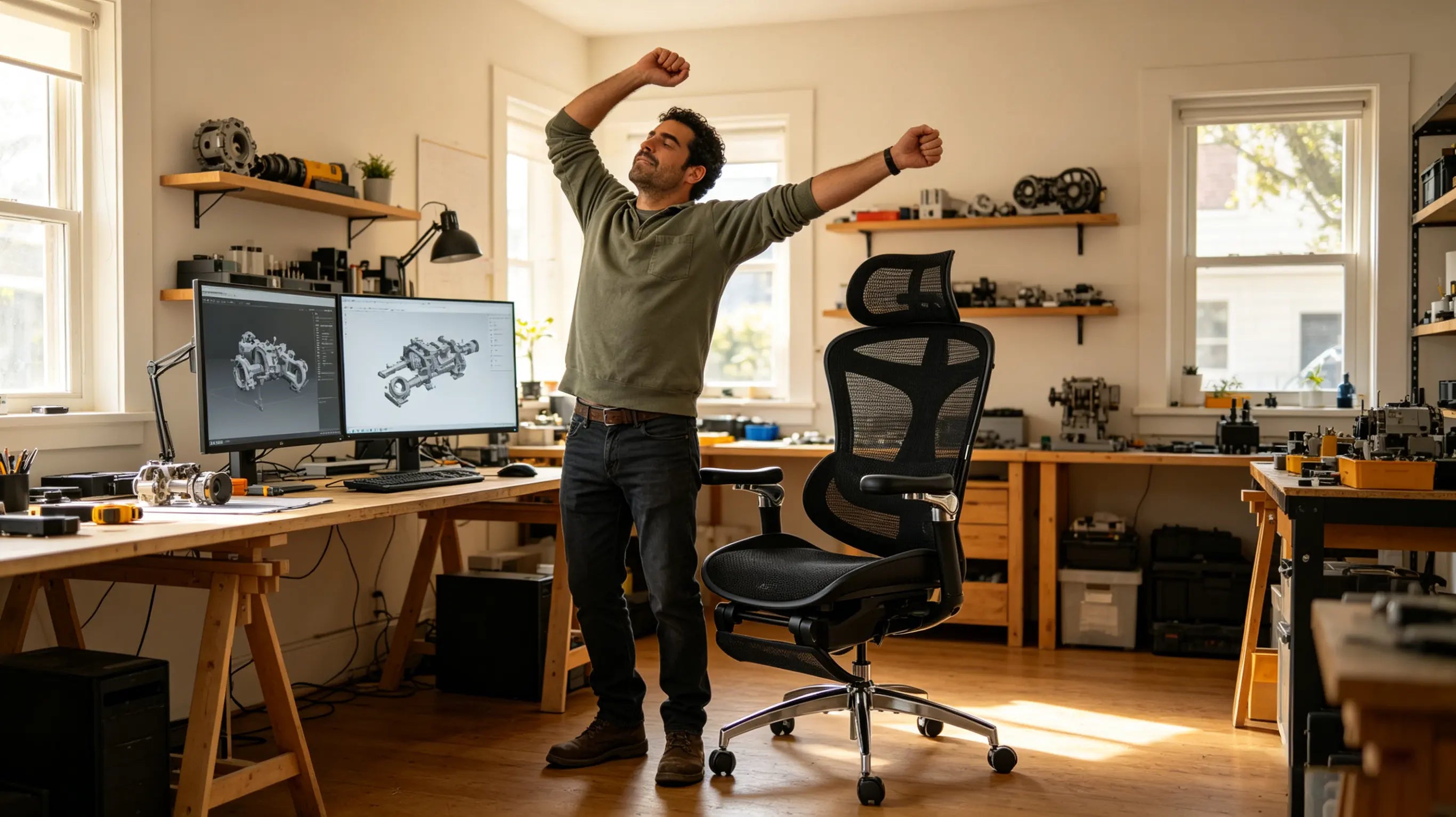 Andrés analizando un modelo 3D mecánico sentado en una de nuestras sillas oficina ergonomicas de Ergo Select.