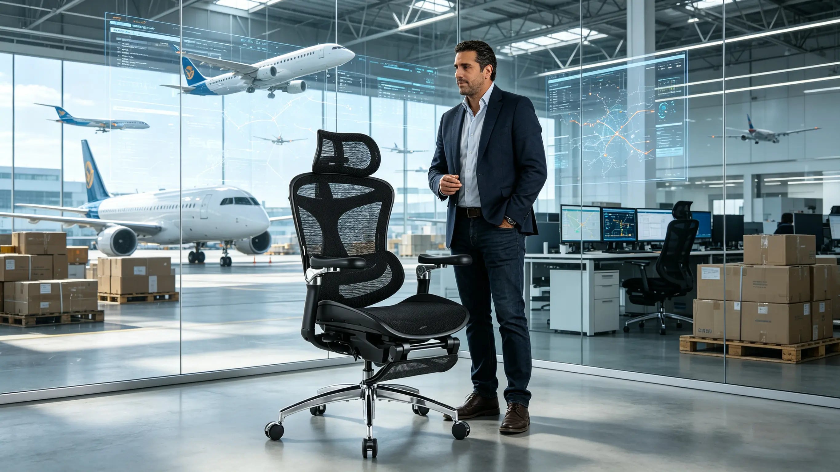 Andrés coordinando rutas aéreas sentado en una de nuestras sillas para escritorio Ergo Select en Bilbao.
