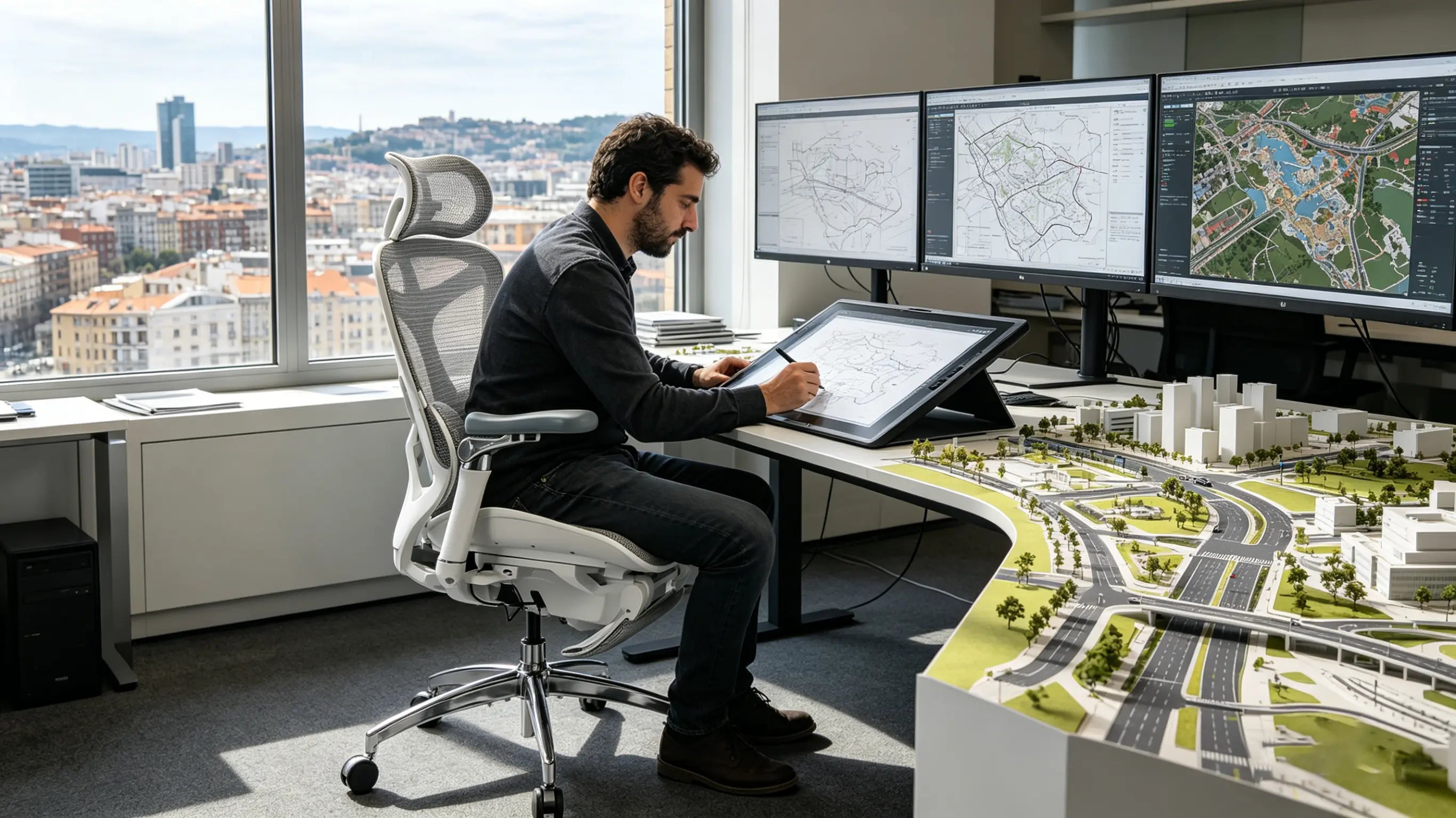 Andrés analizando planos urbanísticos de Bilbao sentado en una de nuestras sillas para escritorio Ergo Select