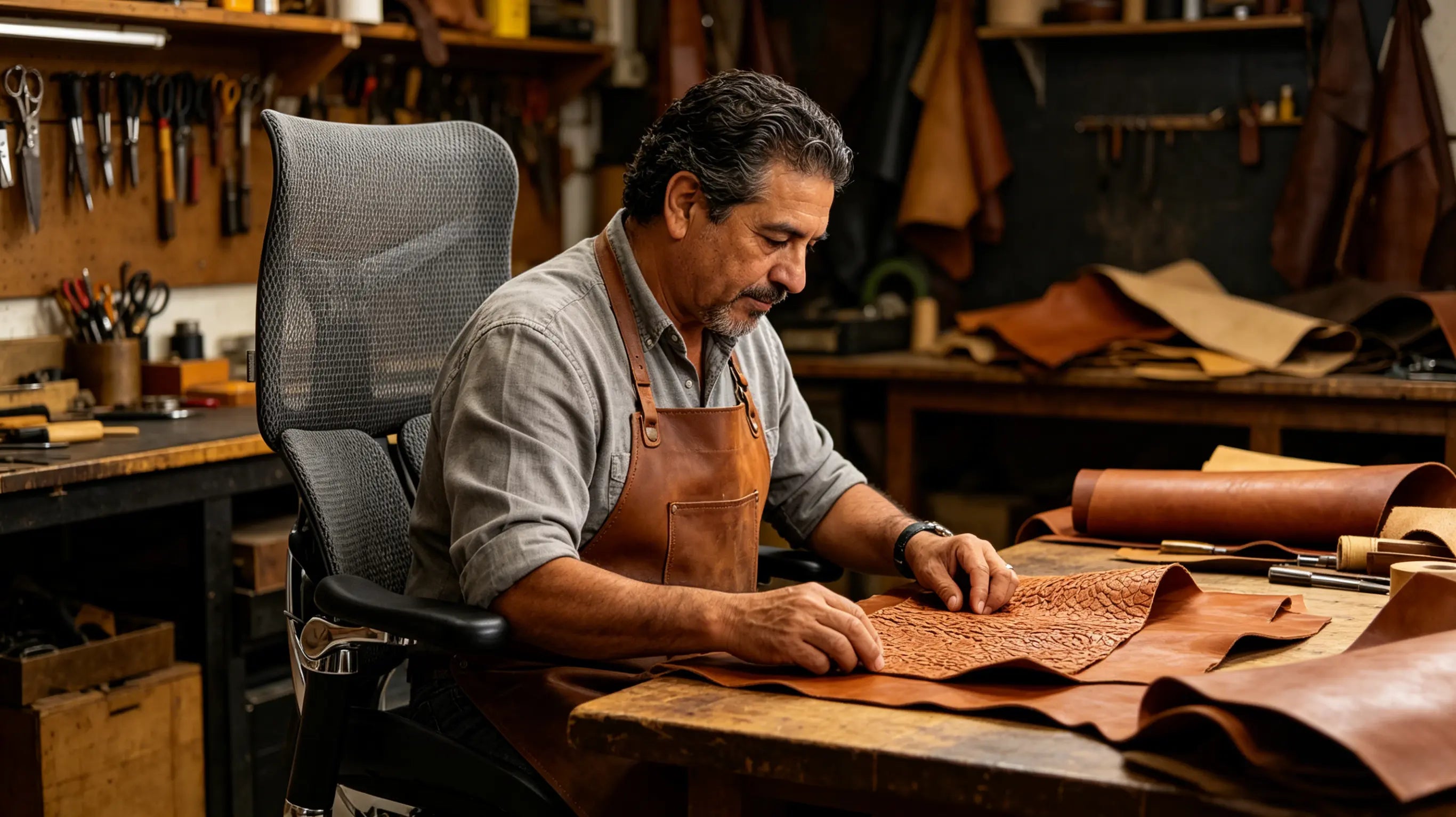 Tomás examining leather patterns while sitting on his sillón ergonómico of Ergo Select in Alicante.