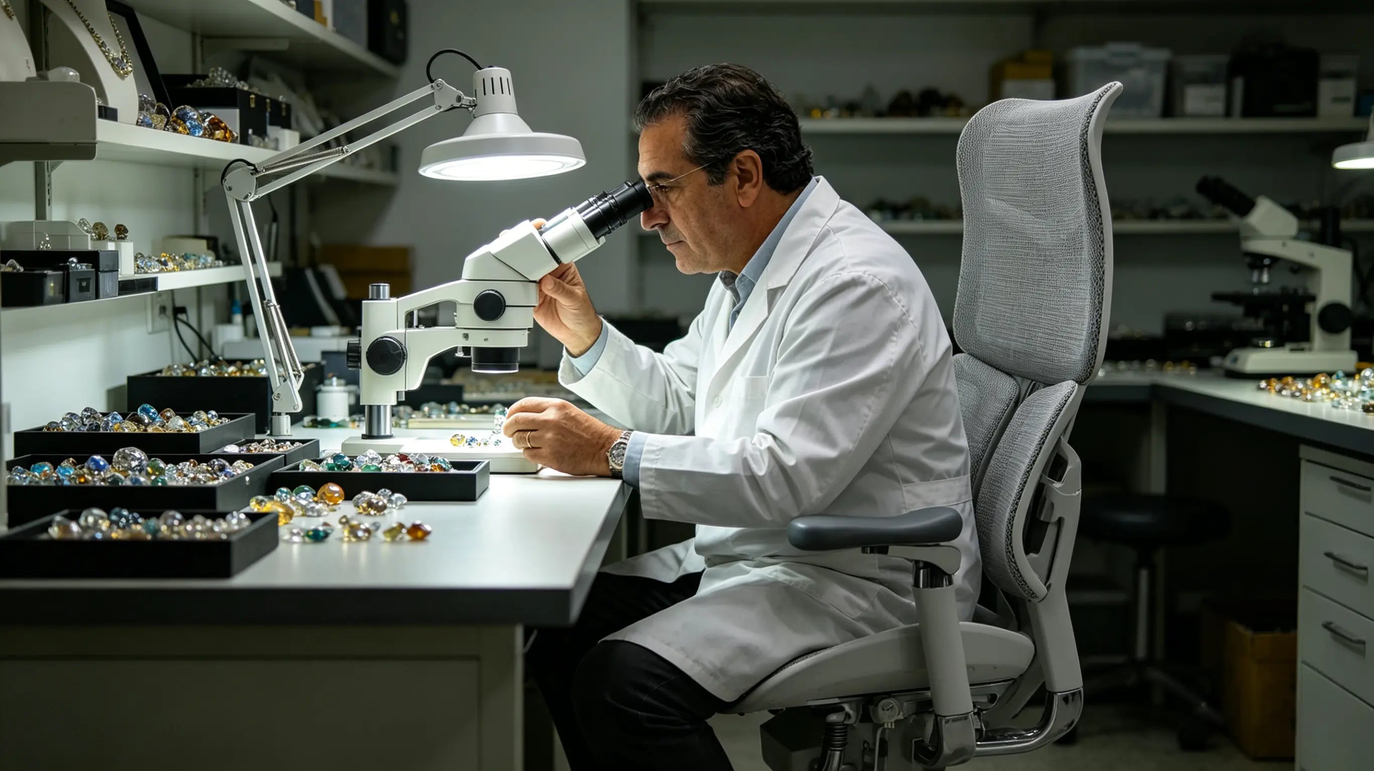 Sergio analyzing rare gemstones while sitting on his sillón ergonómico of Ergo Select in Vic.