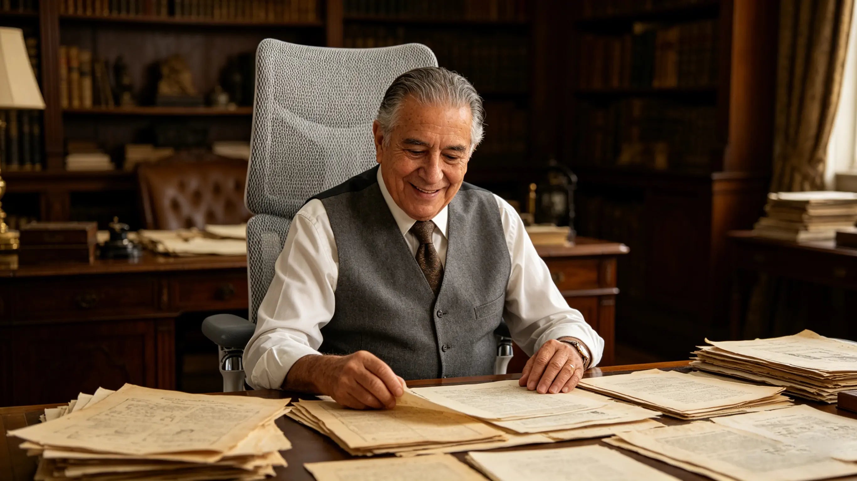 Fernando reviewing historical documents while sitting on his sillón ergonómico of Ergo Select in Salamanca.