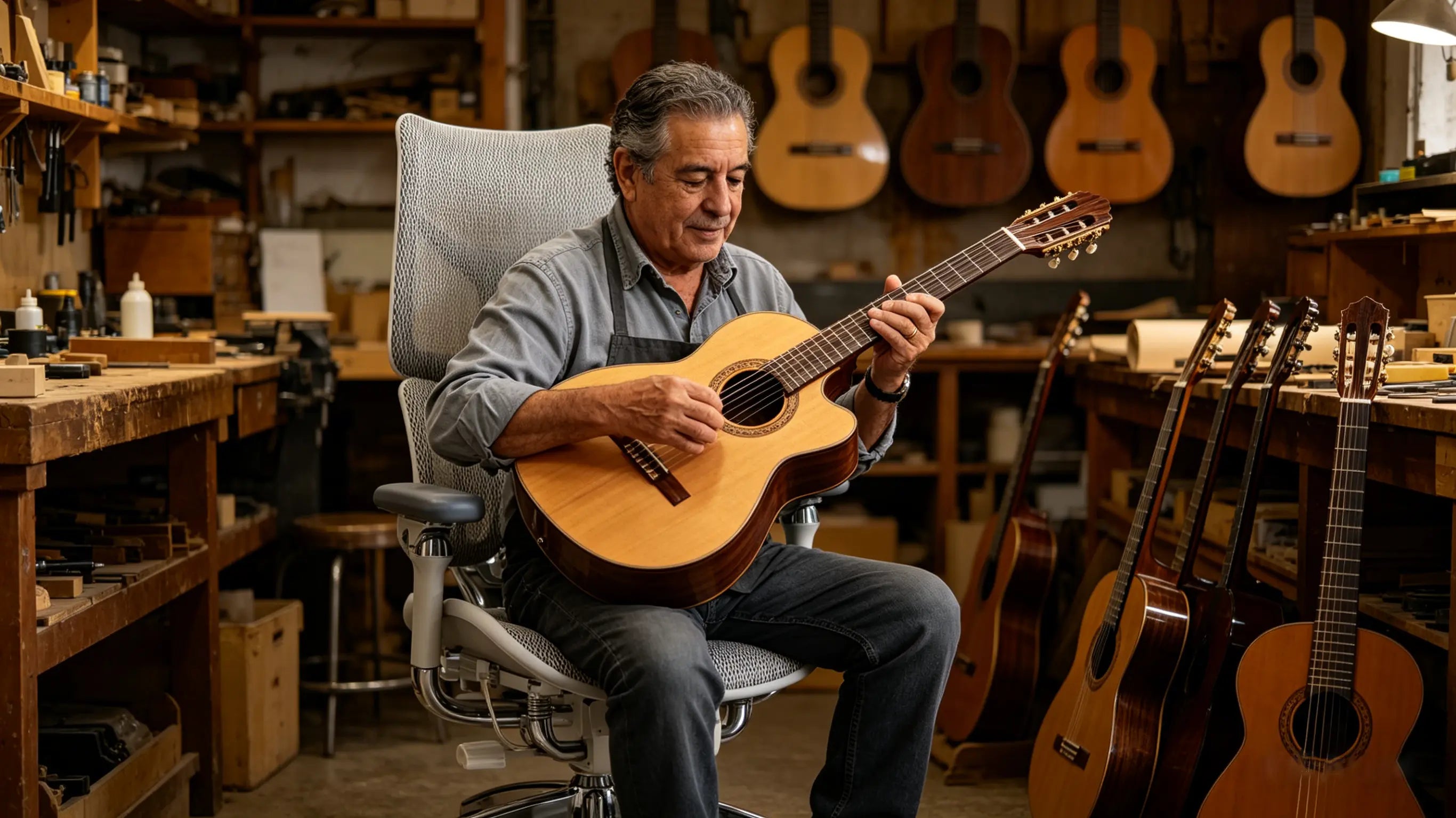 Mateo carving a guitar neck while sitting on his sillón ergonómico of Ergo Select in Ronda.