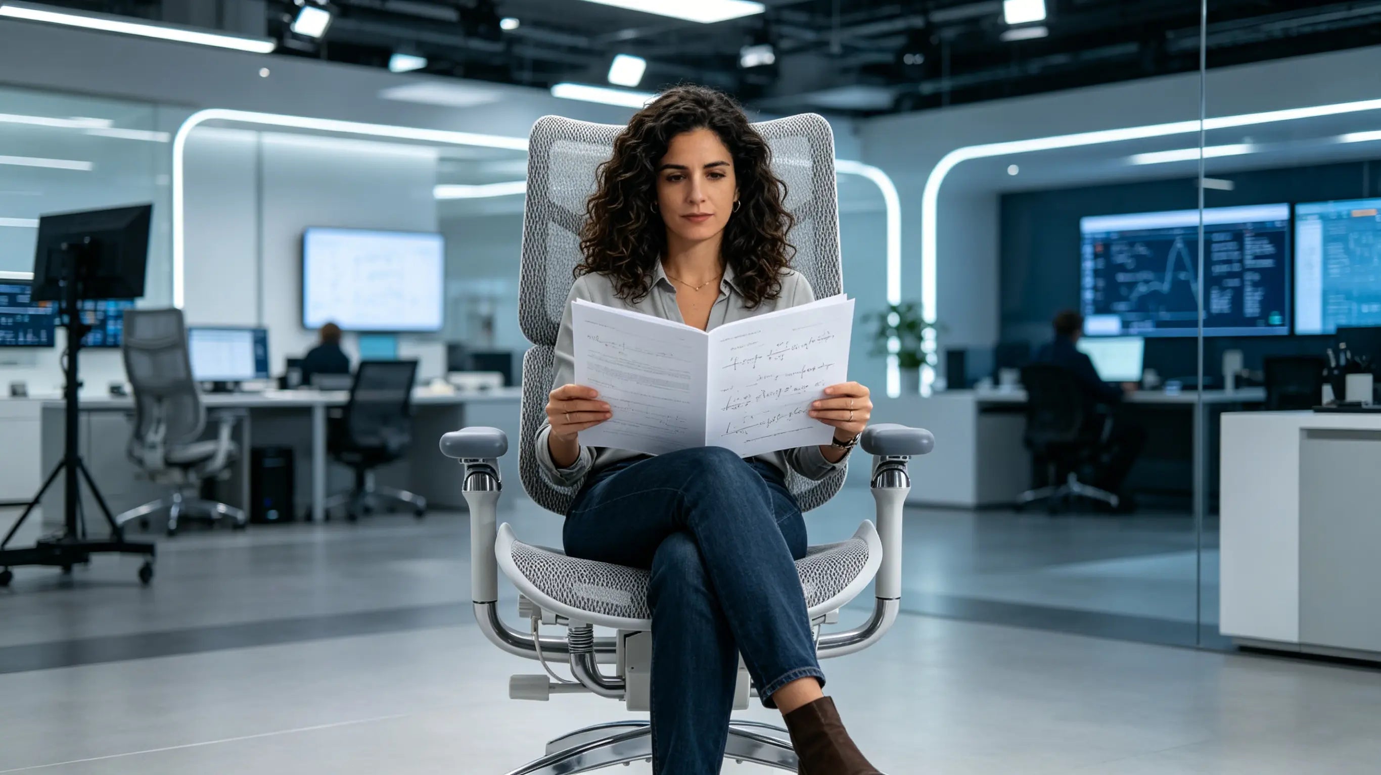 Sofía analyzing complex data sets while sitting on her sillón ergonómico of Ergo Select in Pamplona.