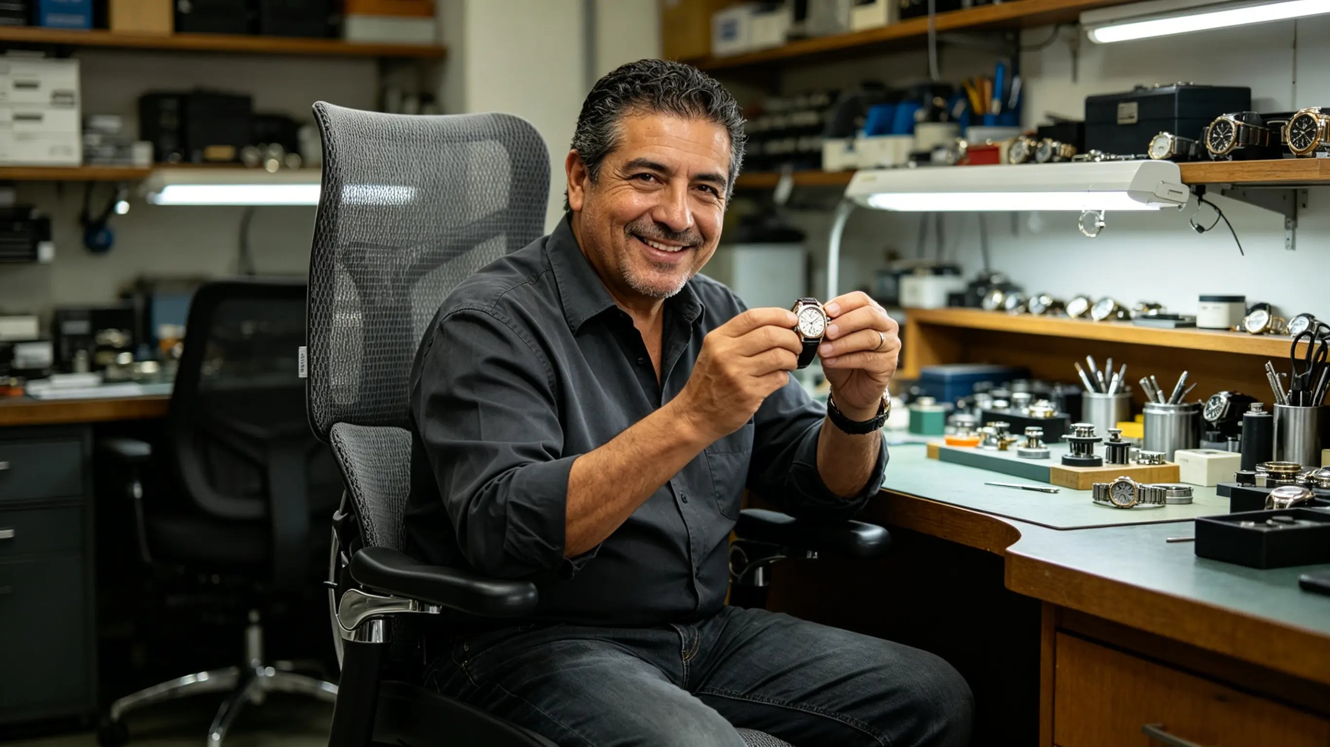 Mateo examining intricate watch parts while sitting on his sillón ergonómico of Ergo Select in Girona.