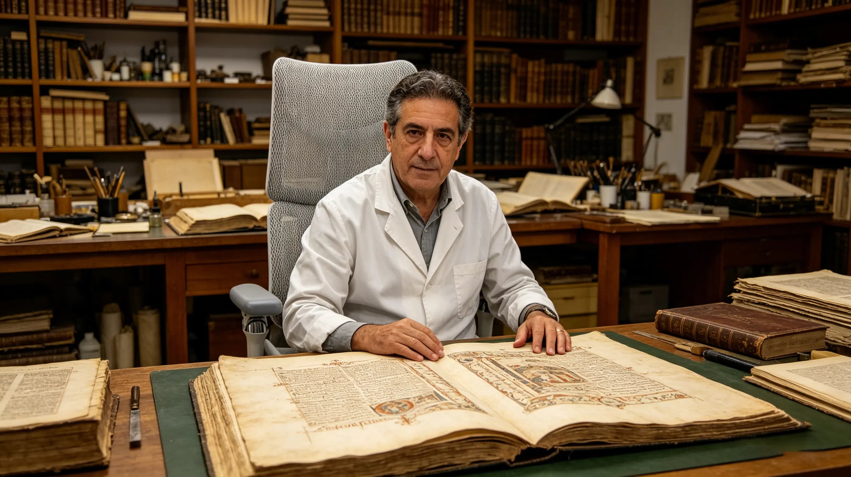Julián carefully restoring a 16th-century manuscript while sitting on his sillón ergonómico of Ergo Select in Salamanca.