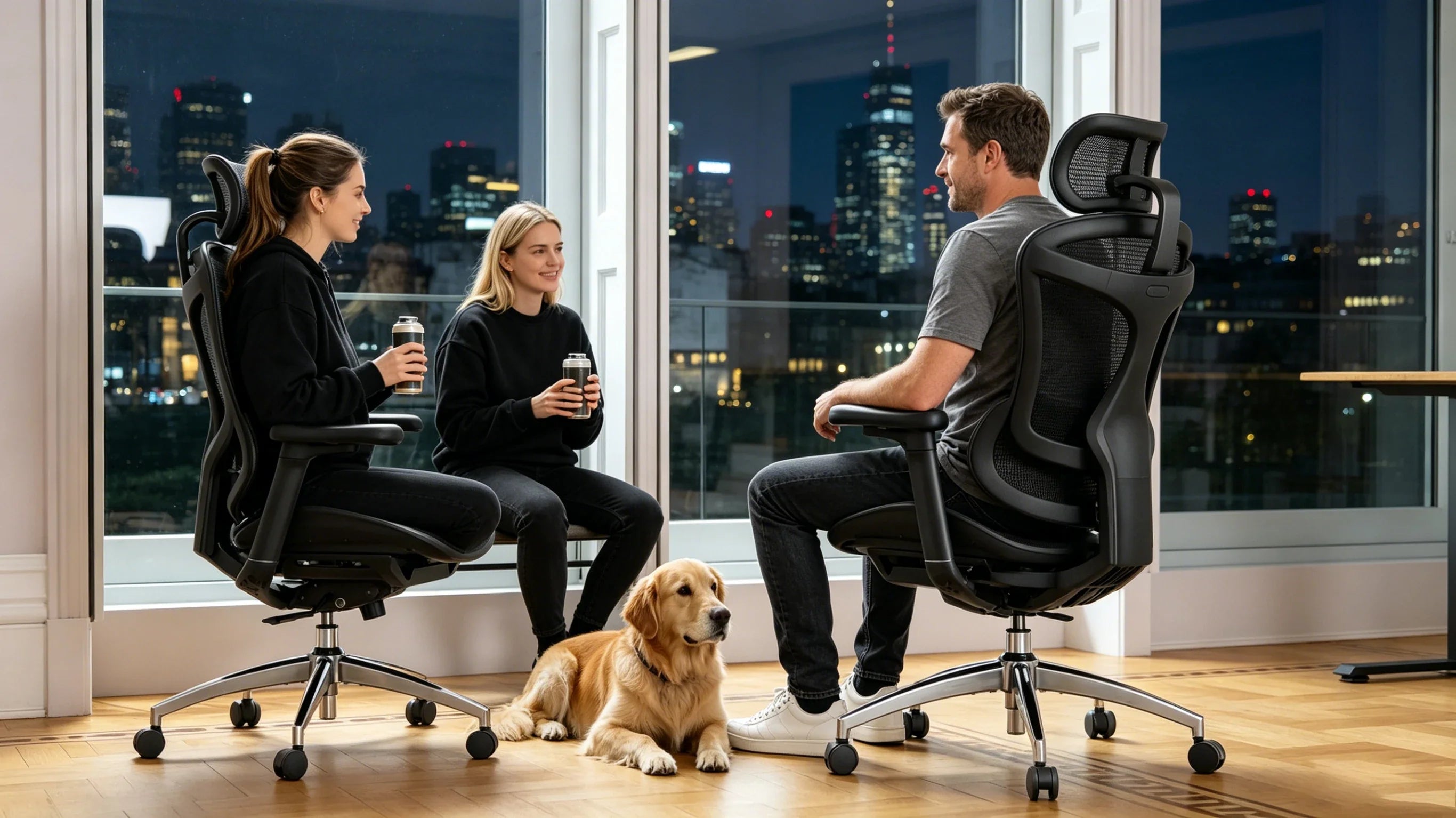 Full body view of a 41-year-old Caucasian male architect in a charcoal t-shirt sitting in the [computer chair back support].