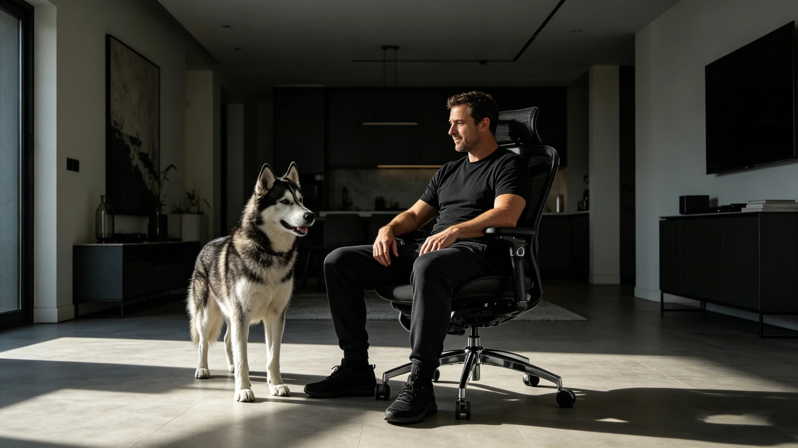Full view of a 35-year-old male architect in a black T-shirt sitting in the [ergonomic chair] in his high-tech studio.