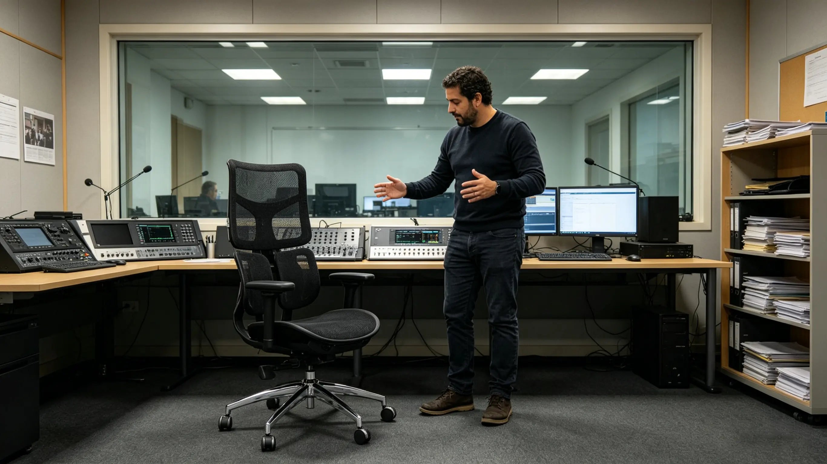 Nacho comparando diferentes modelos para elegir las mejores sillas escritorio para su estudio en Mallorca