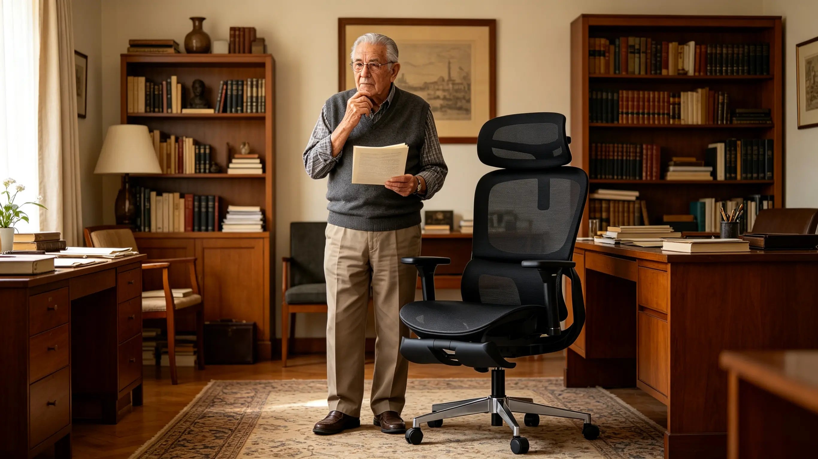 Doña Sofía, prestigiosa biógrafa de 80 años, revisando manuscritos en su silla ergonómica de oficina Ergo Select en su biblioteca iluminada de Madrid.