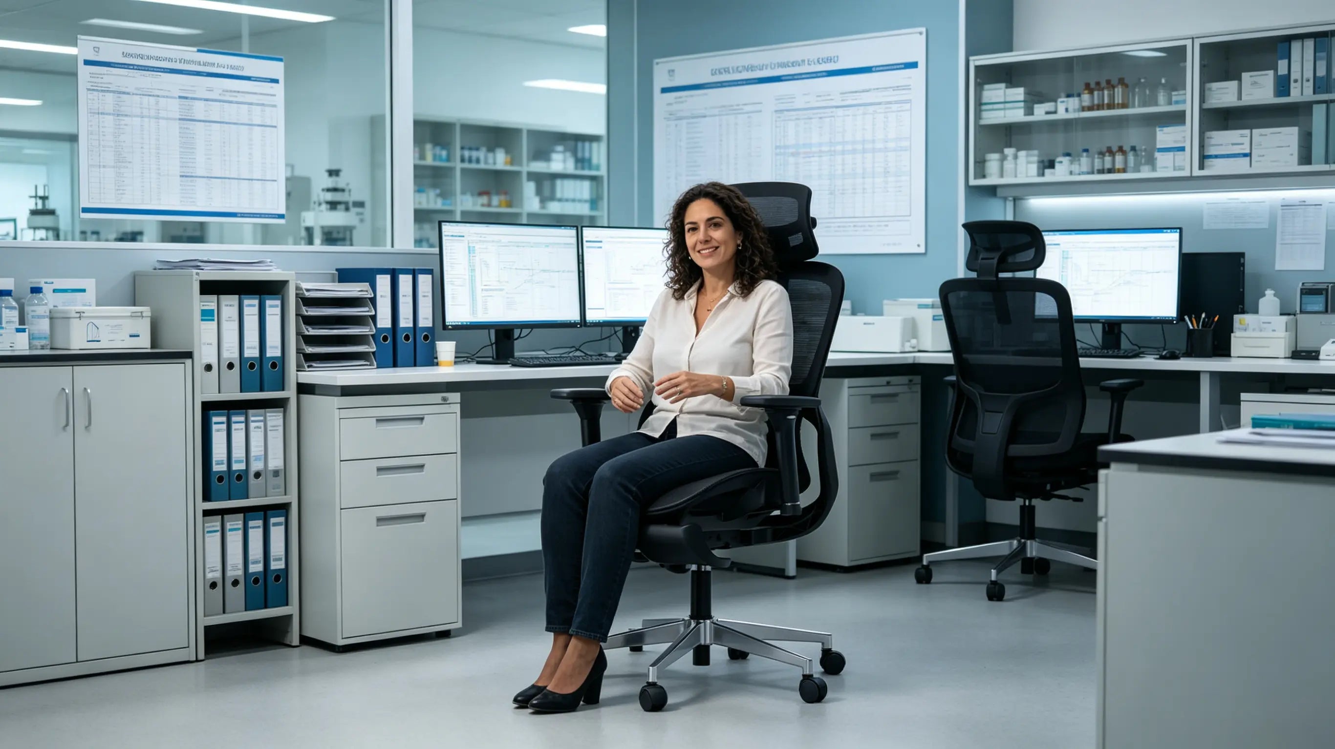 Doña Gabriela, socia de investigación biofarmacéutica de 43 años, auditando ensayos clínicos en su silla Ergo Select en Galicia.