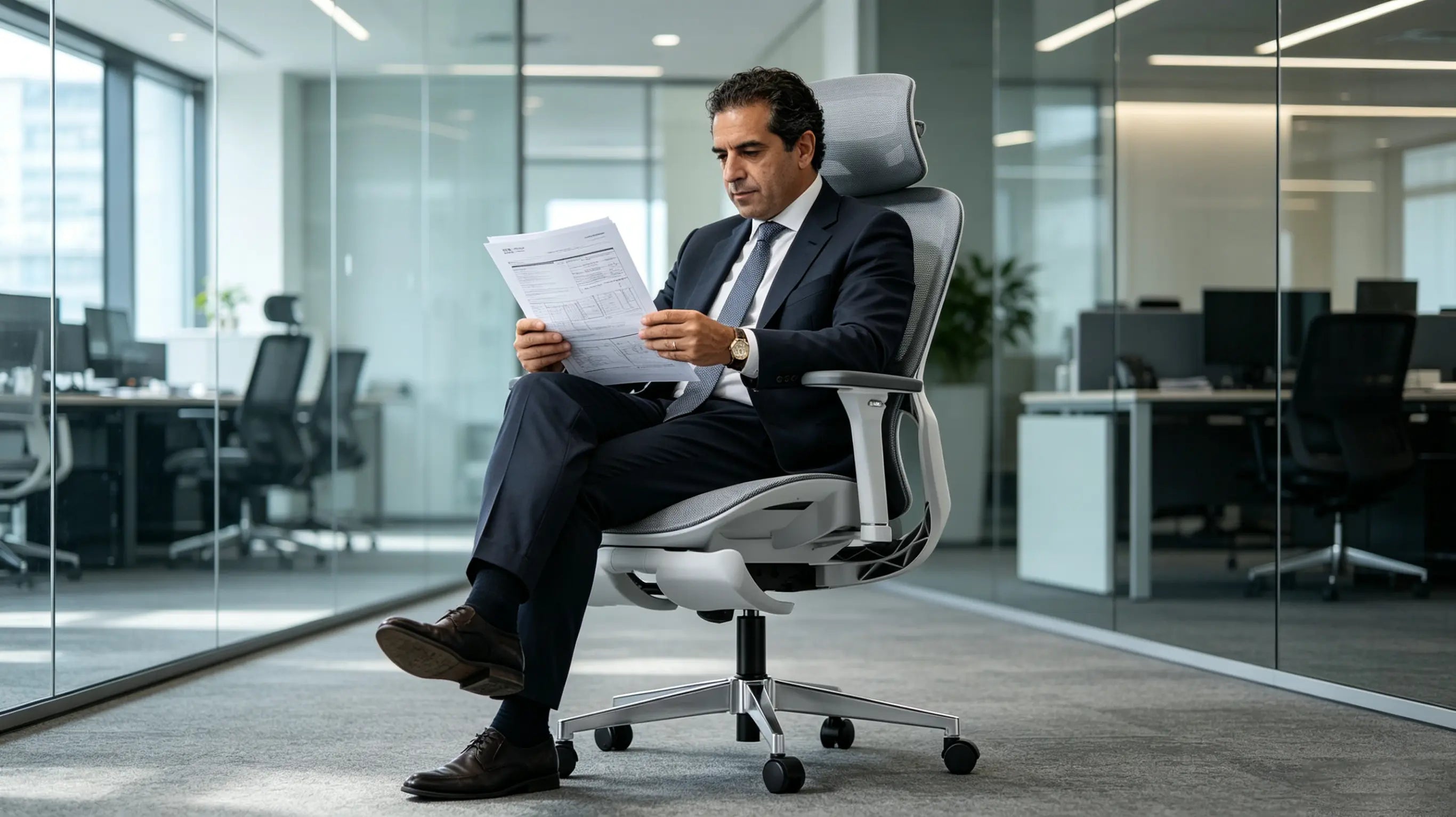 Don Rafael, socio de auditoría de 47 años, revisando balances financieros complejos en su silla ergonómica para oficina Ergo Select en Madrid.