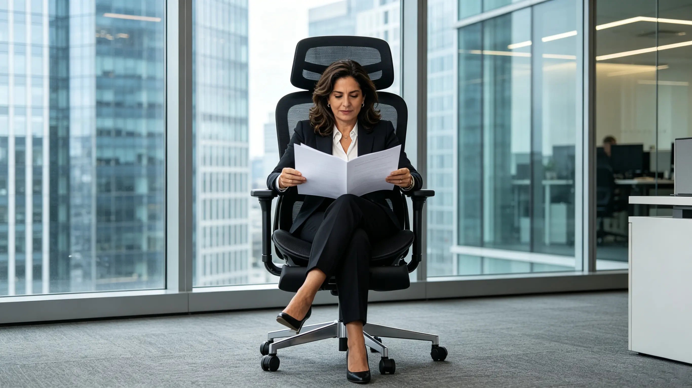Doña Elena, directora legal de 45 años, auditando contratos transnacionales en su silla escritorio ergonómica Ergo Select en Madrid.