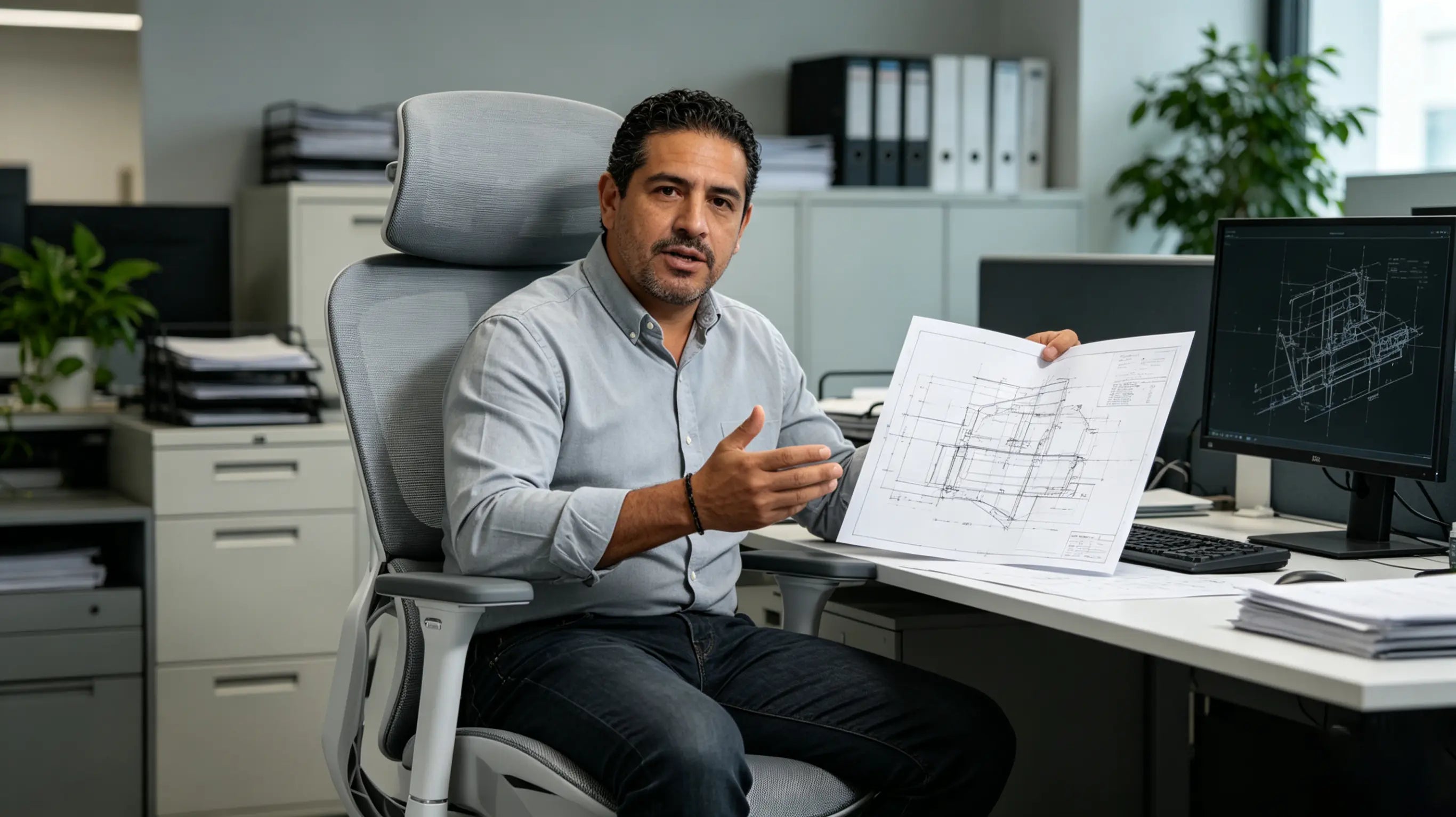 Don Javier, socio de diseño industrial de 43 años, analizando planos técnicos en su silla ergonómica de Ergo Select en Bilbao.