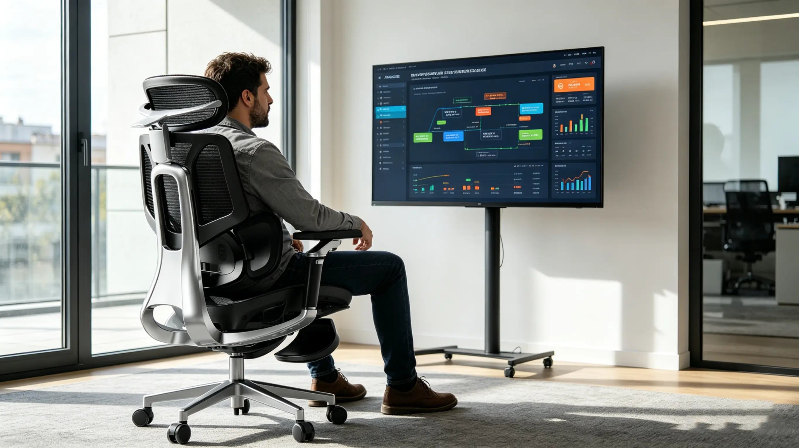 Emprendedor analizando métricas sentado en su silla oficina ergonomica Ergo Select