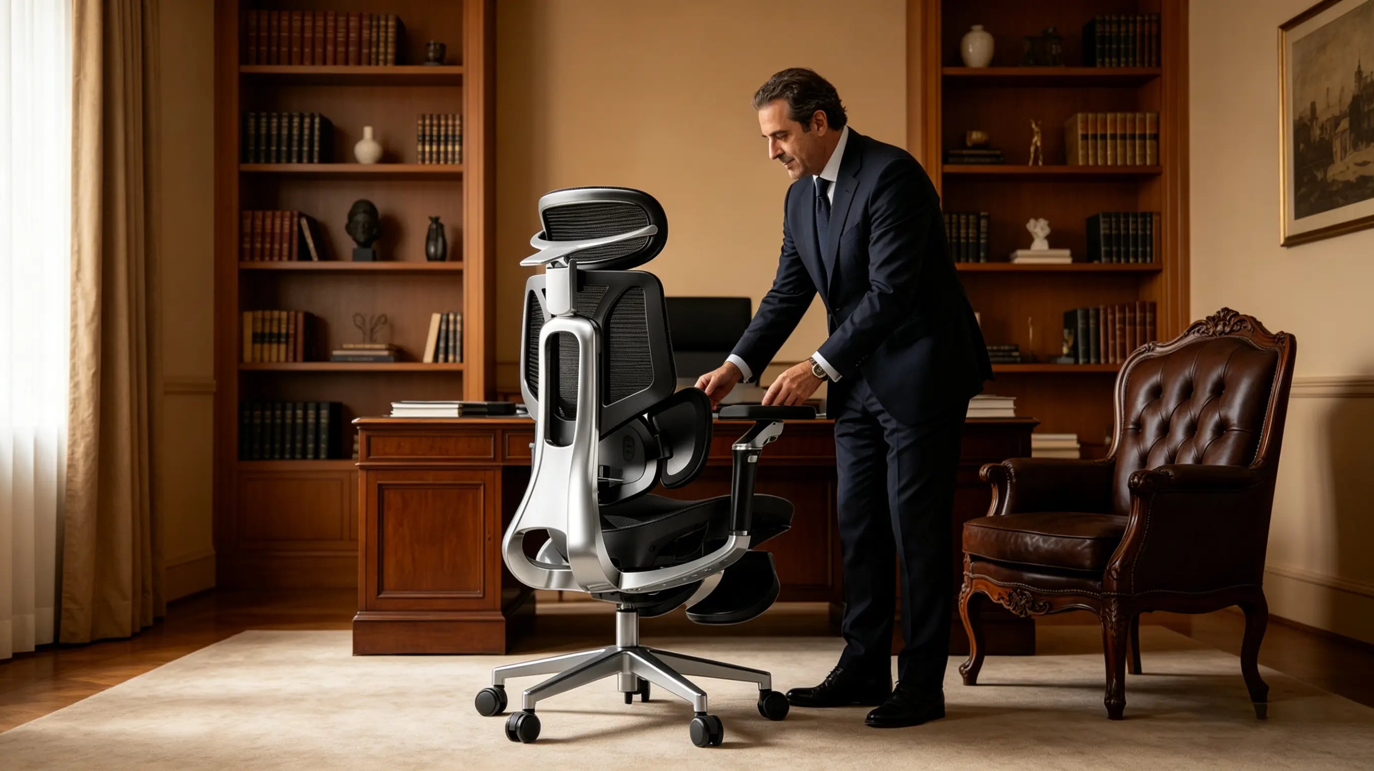 Un directivo senior trabajando cómodamente en su despacho con sillas de oficina ergonomicas