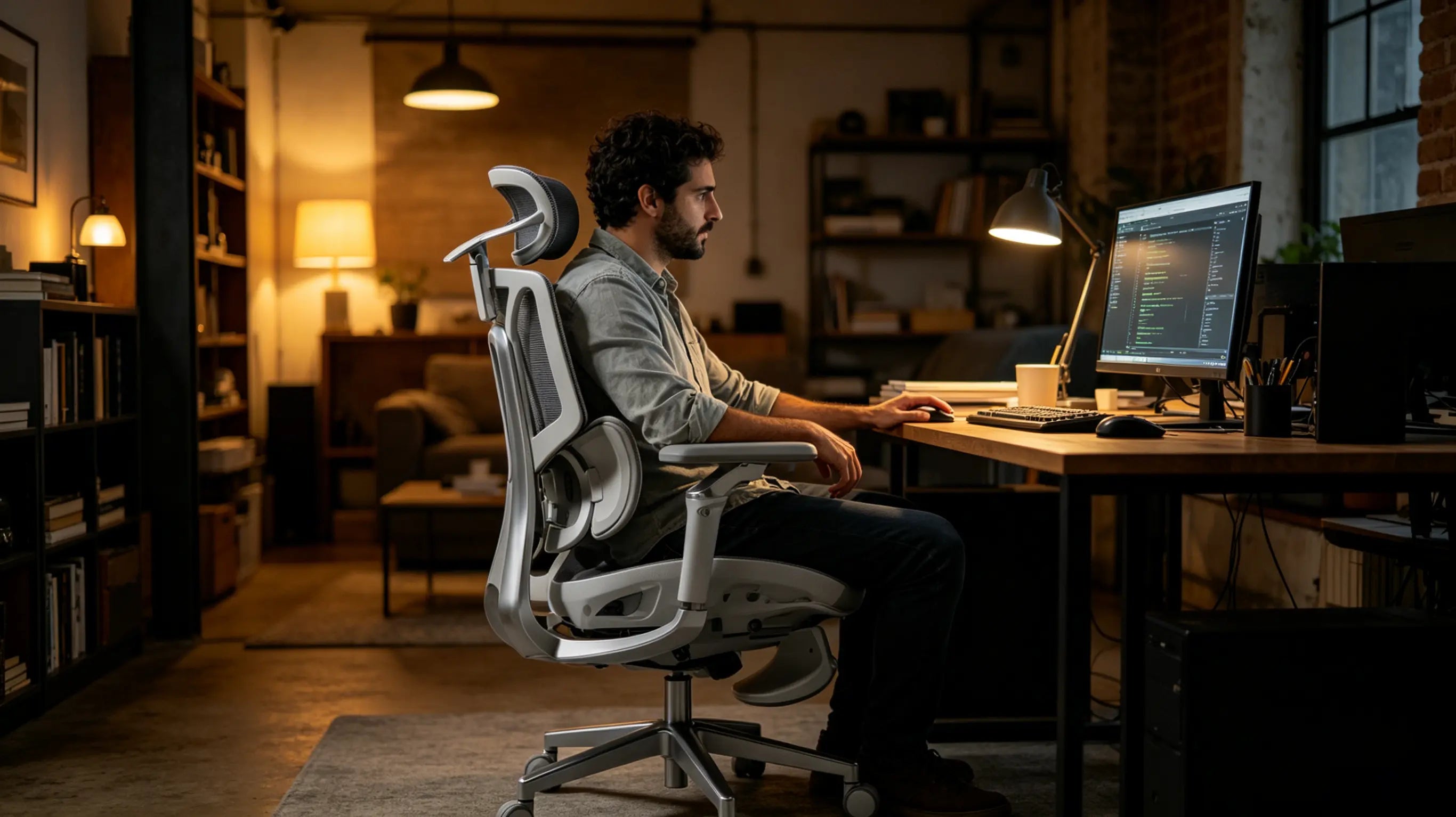 Vista lateral del soporte lumbar biónico que se adapta a la columna en la silla oficina ergonomica