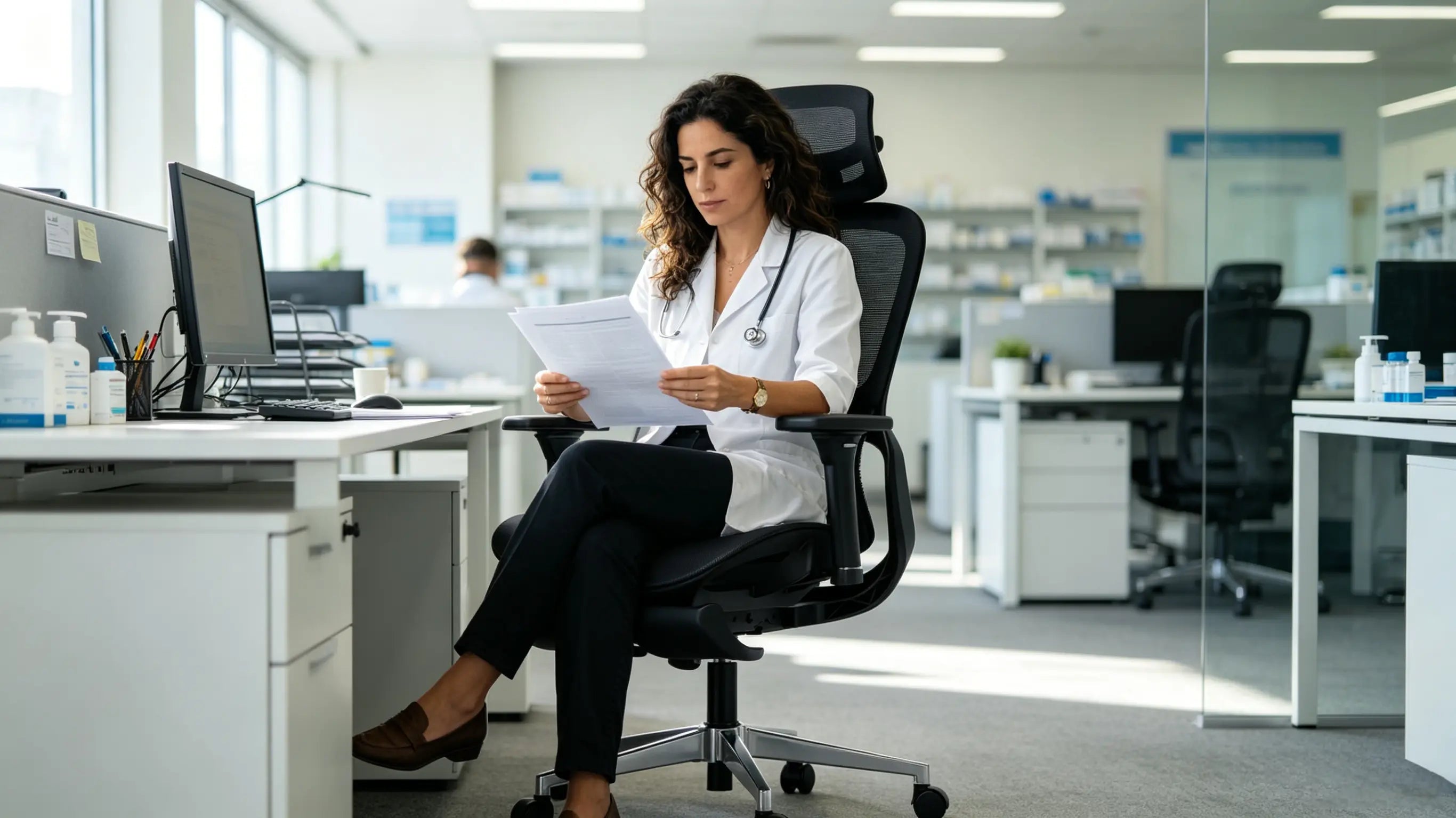 Doña Marta, monitora de datos clínicos de 35 años, auditando informes médicos en su silla de oficina ergonómica Ergo Select en su despacho de Barcelona.