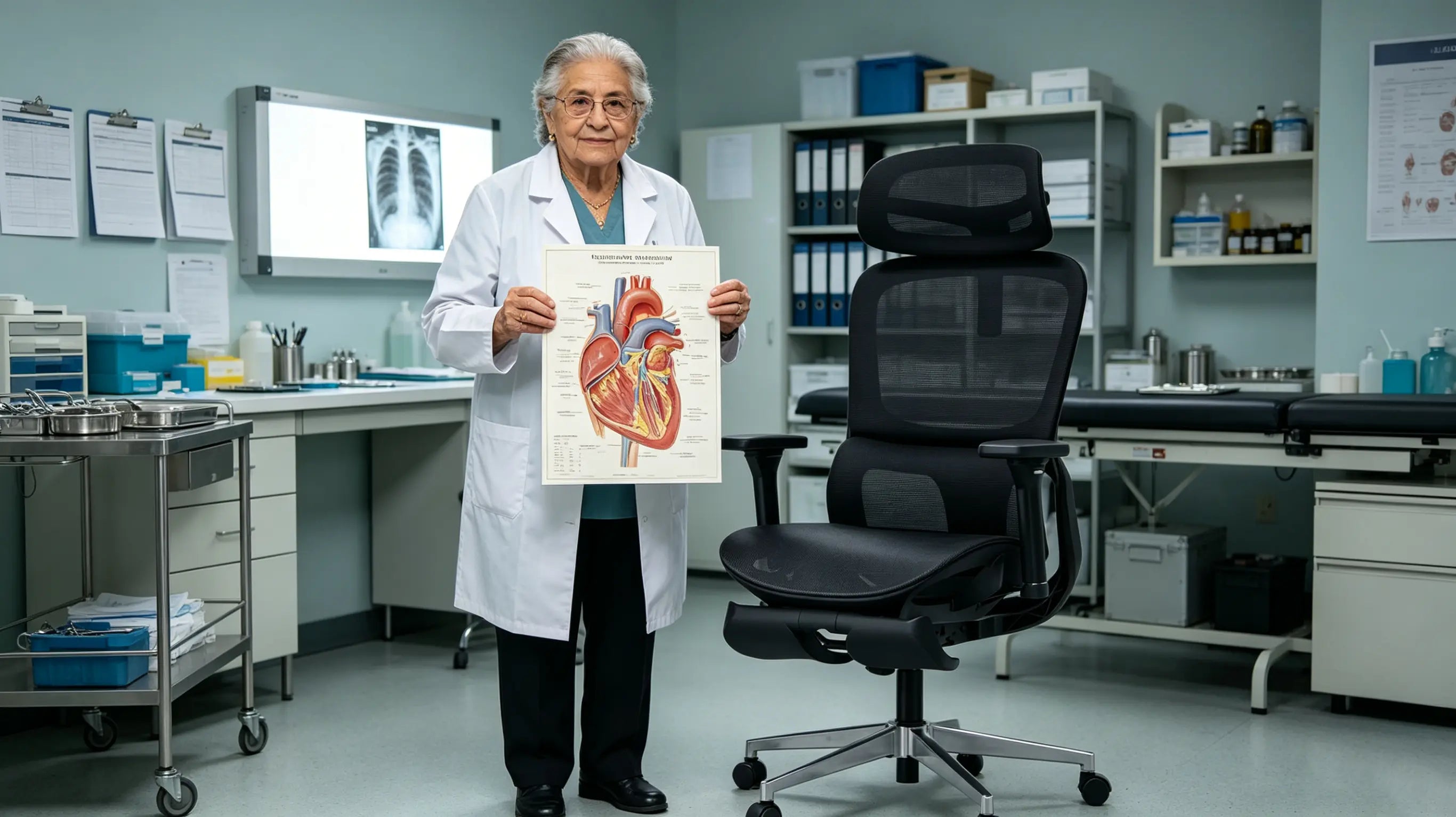 Don Ricardo, cirujano emérito de 81 años, revisando ilustraciones de anatomía en su silla de oficina ergonómica Ergo Select en su estudio de Madrid.
