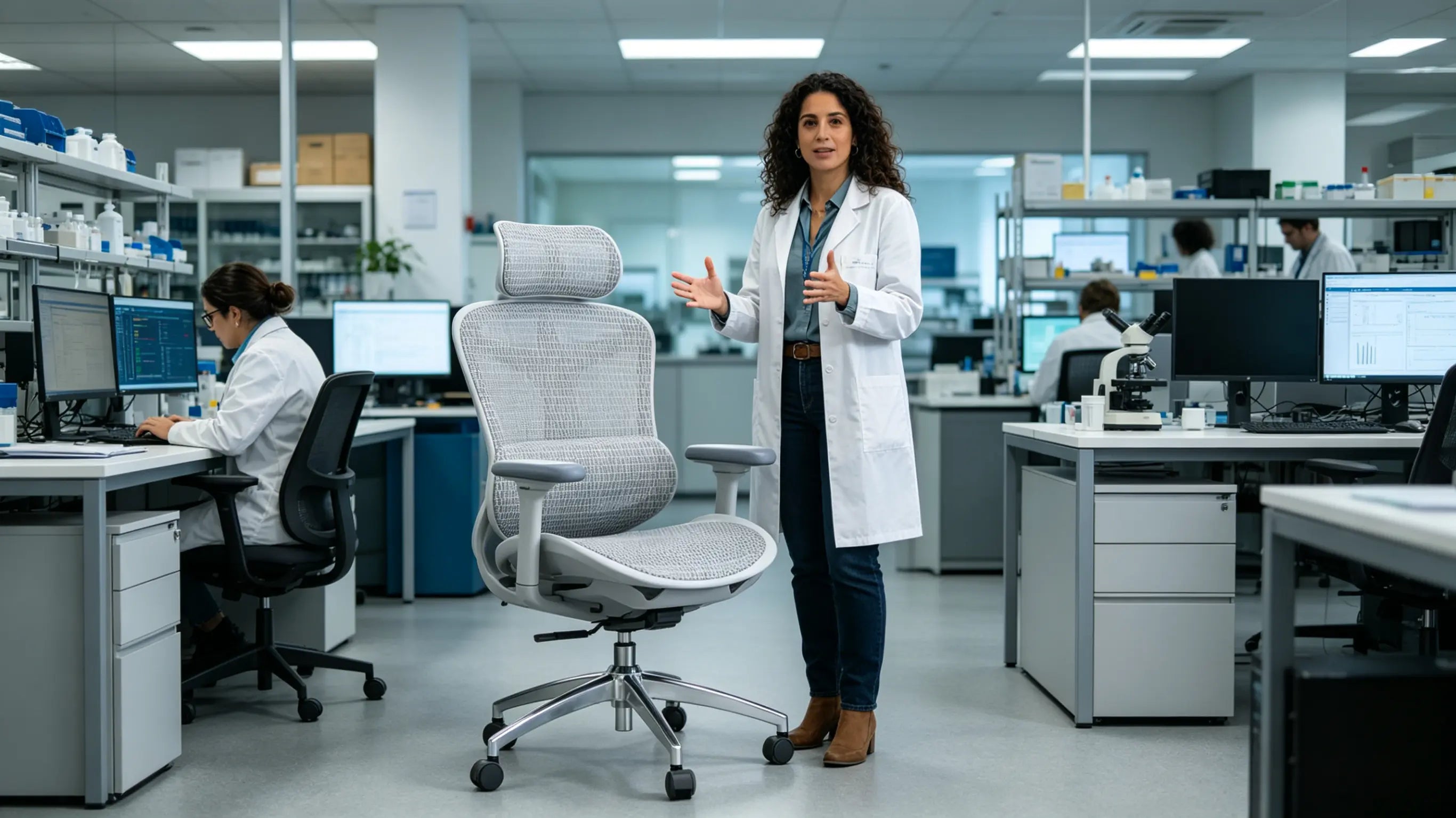 Elena analyzing genomic data while sitting on her High Back Ergonomic Mesh Task Chair in Valencia.
