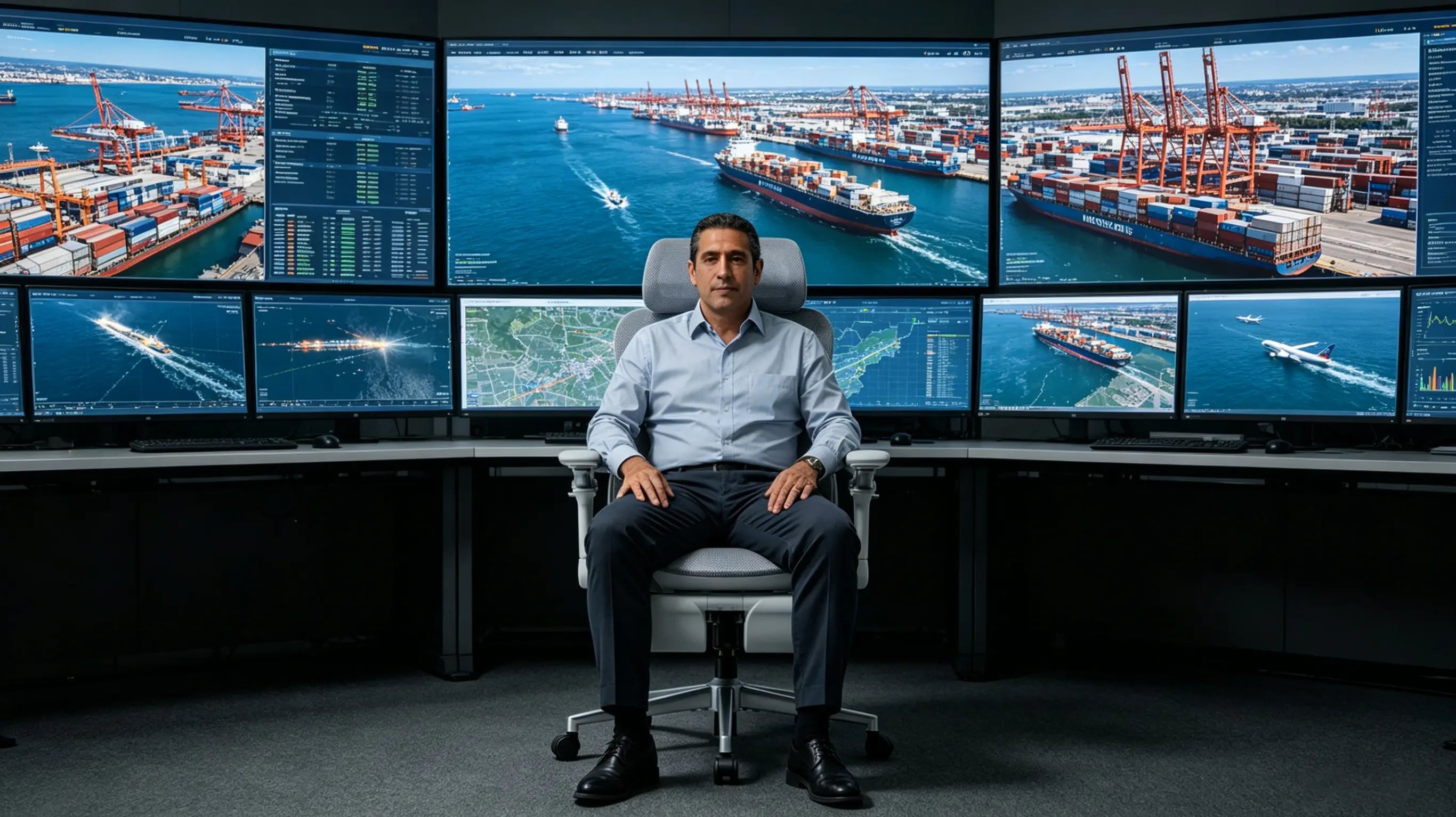 Don Manuel, director de logística global de 49 años, monitorizando rutas marítimas transoceánicas en su silla de oficina ergonómica profesional Ergo Select en Madrid.