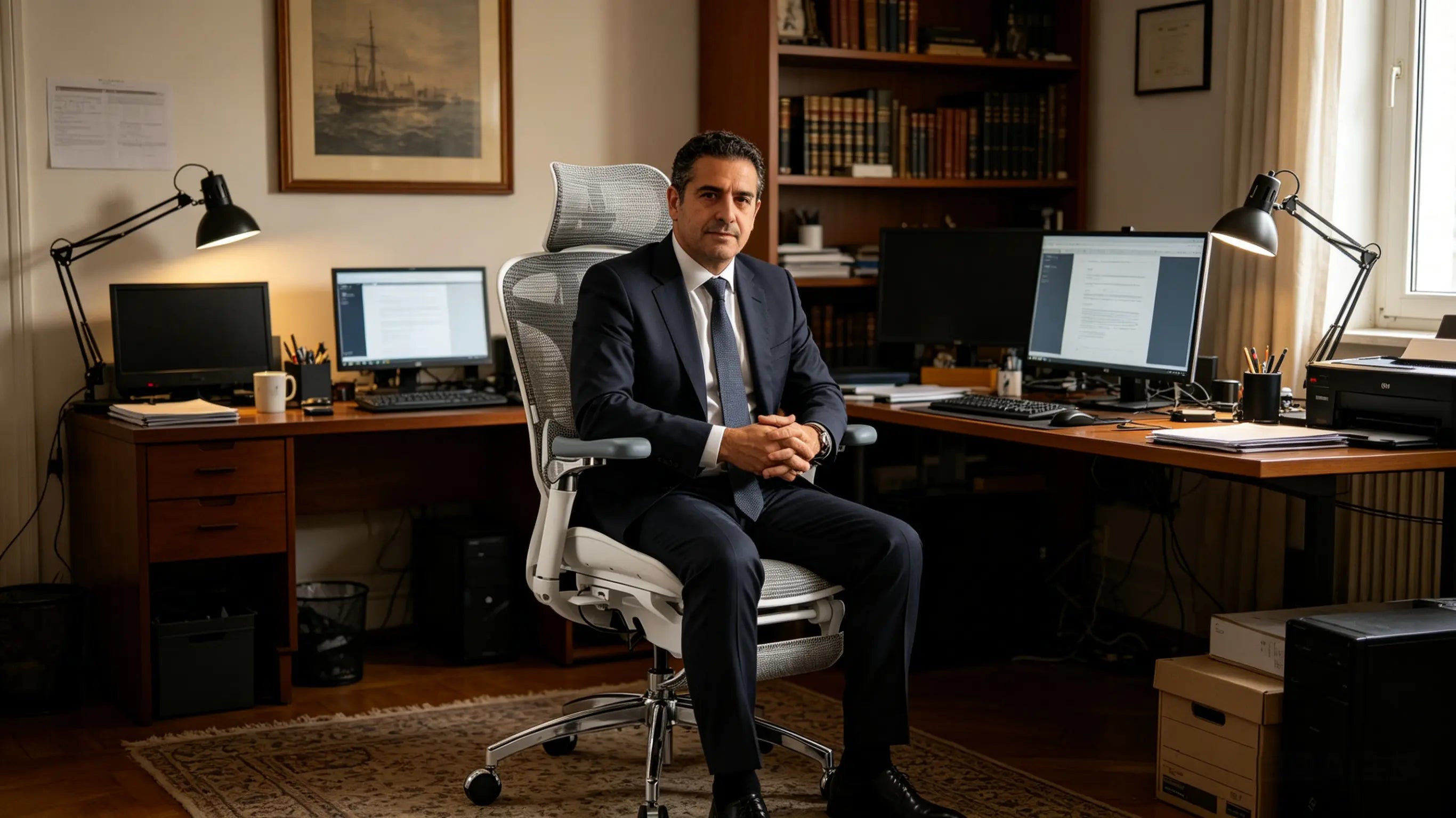 Andrés redactando un laudo arbitral sentado en una de nuestras sillas para escritorio Ergo Select en Bilbao