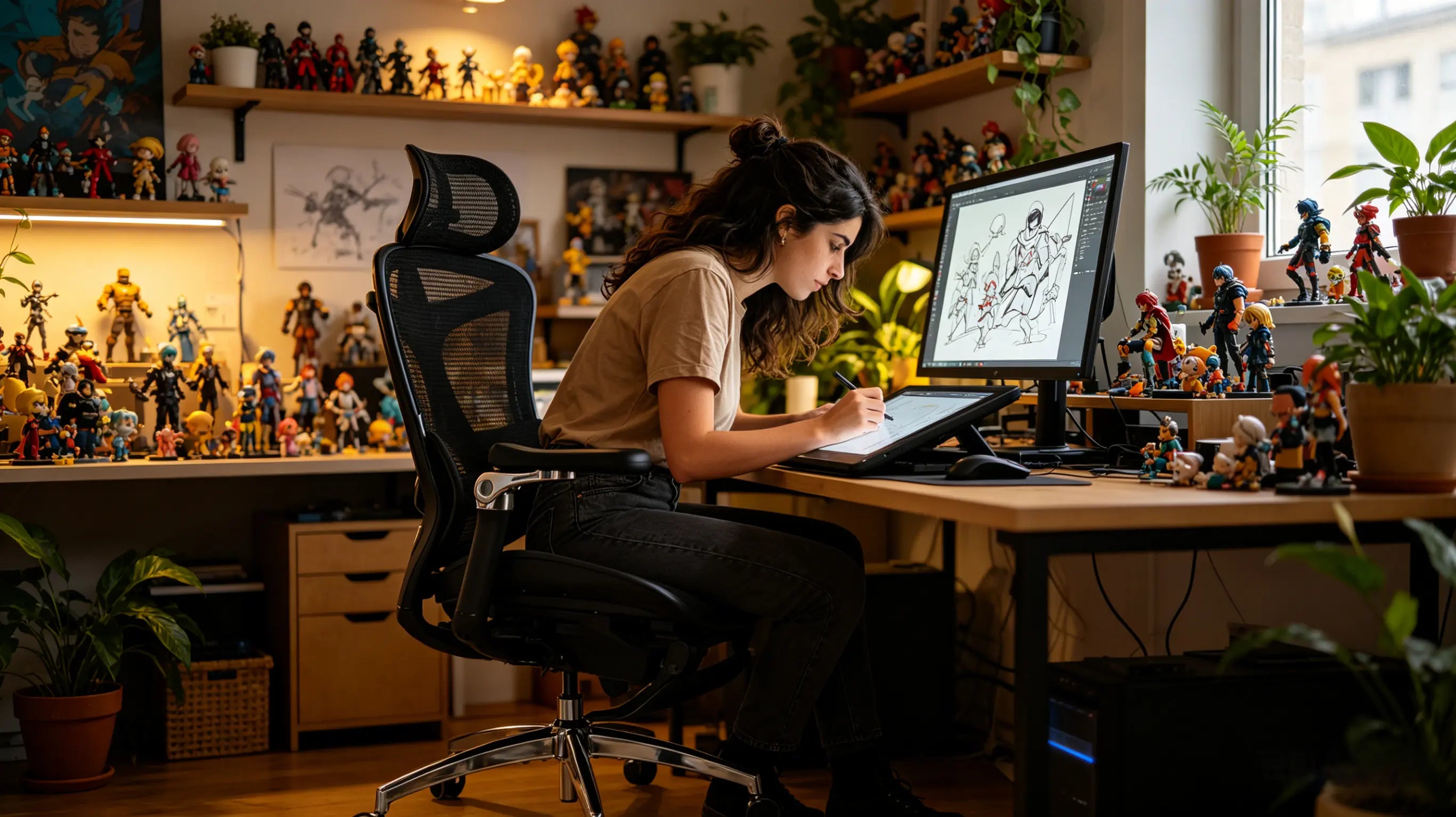Berto diseñando personajes de videojuegos sentado en su silla gamer ergonomica Ergo Select en Valencia