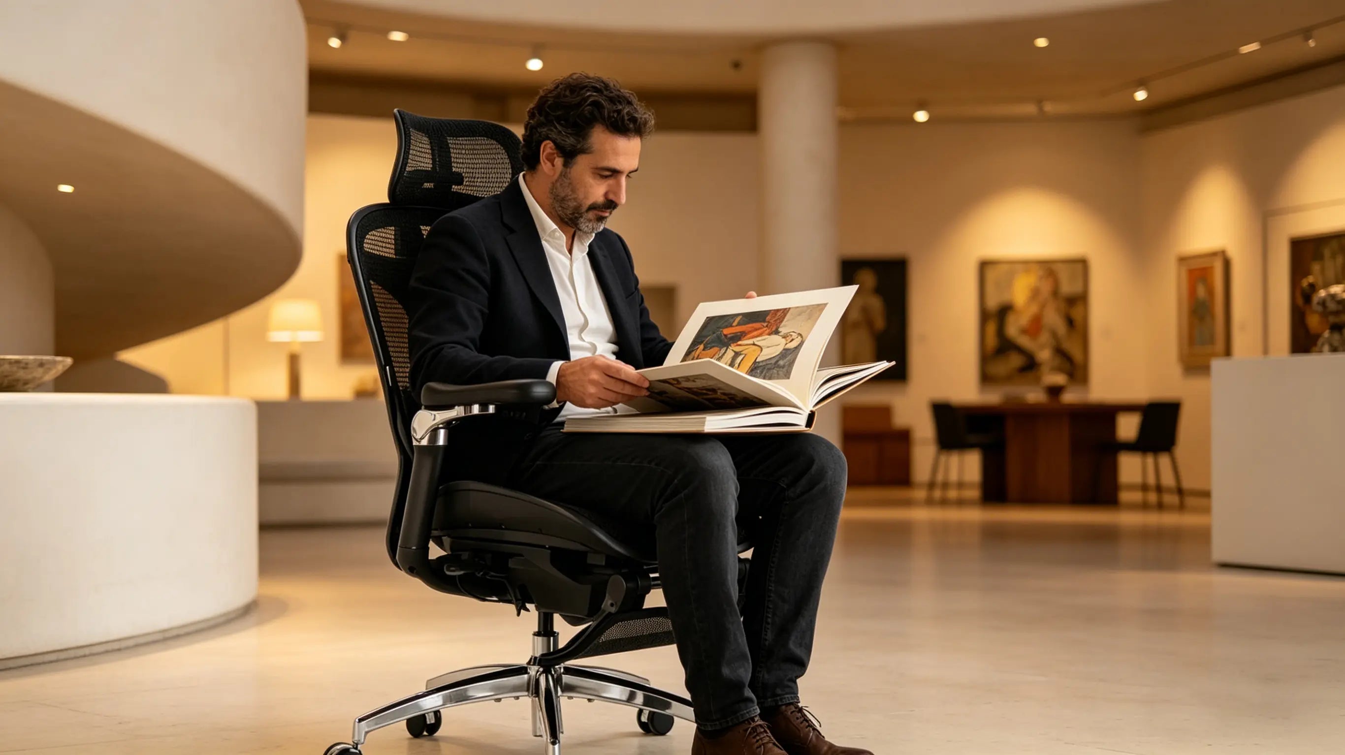 Uso del reposapiés retráctil en sillas para escritorio profesionales durante el análisis de catálogos.