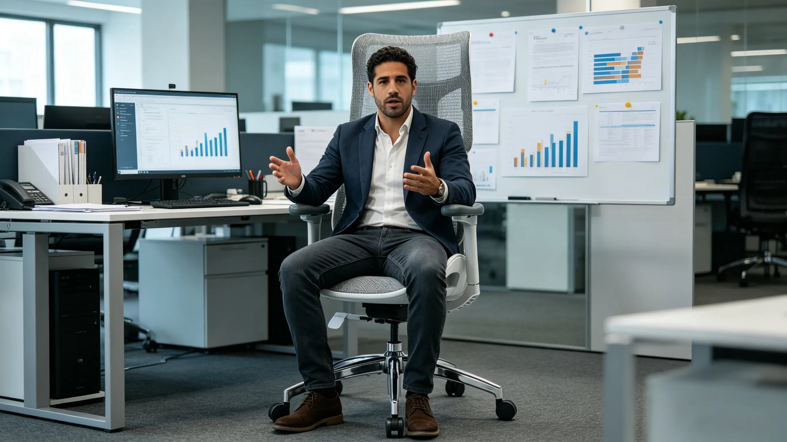 Javier revisando datos de nutrición y biotecnología sentado en una de las mejores sillas ergonómicas de Ergo Select