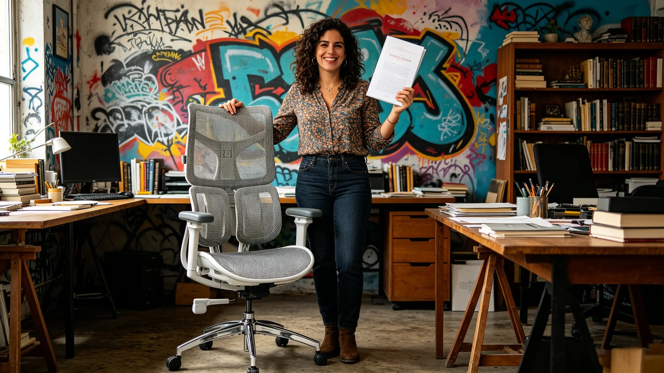 Isabel redactando su nueva novela en una de nuestras sillas de oficina comodas Ergo Select en su estudio de Barcelona