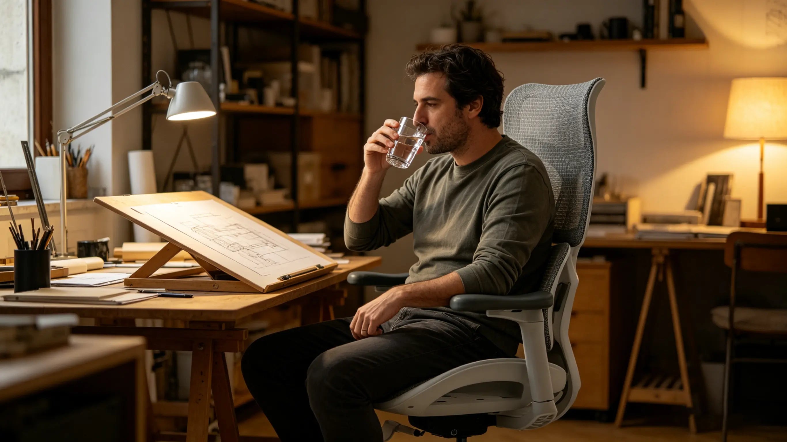 Andrés revisando planos arquitectónicos sentado en una de nuestras sillas de escritorio Ergo Select en Bilbao