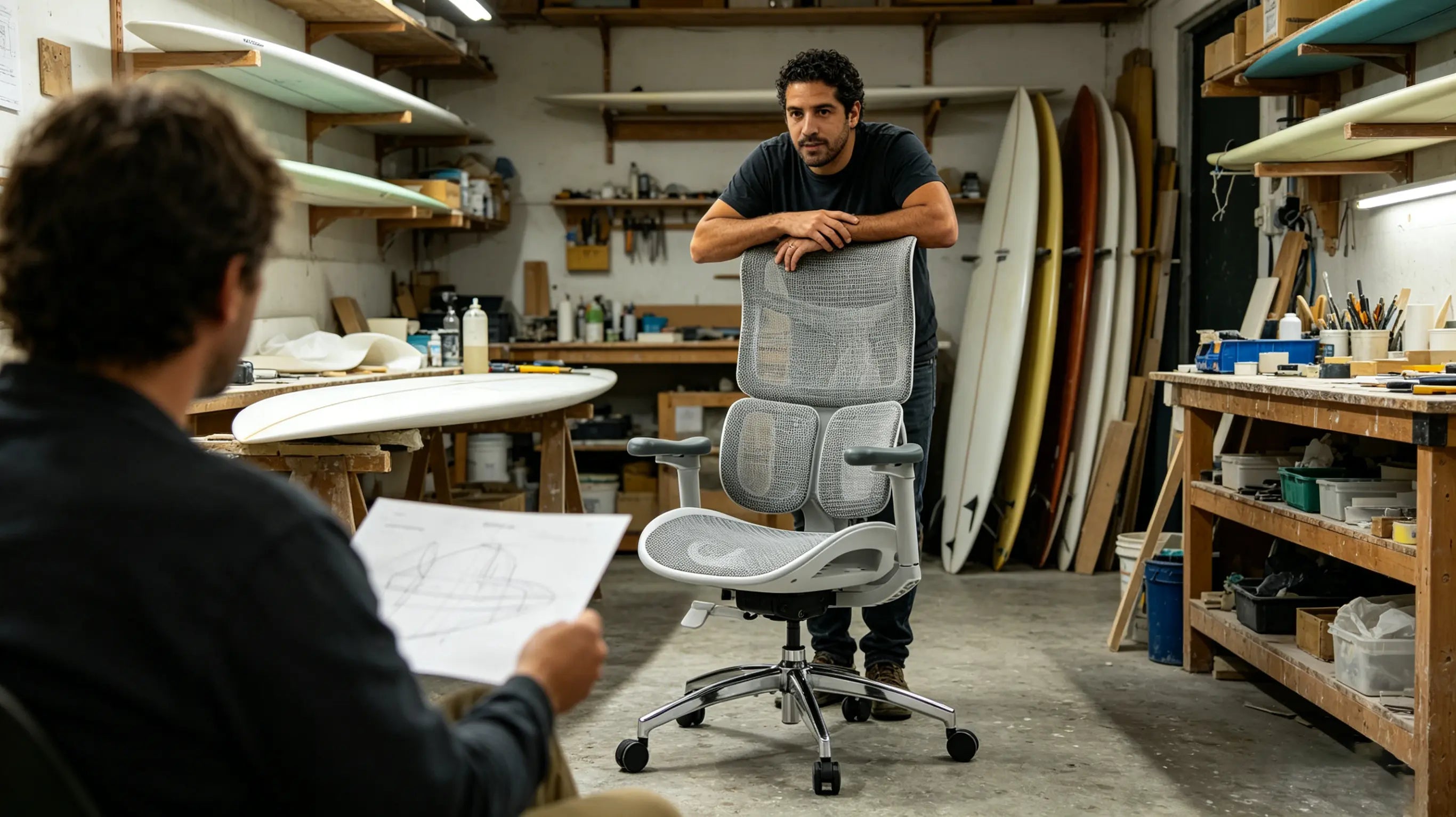 Eneko diseñando una tabla de surf sentado en su silla de escritorio ergonómica en San Sebastián