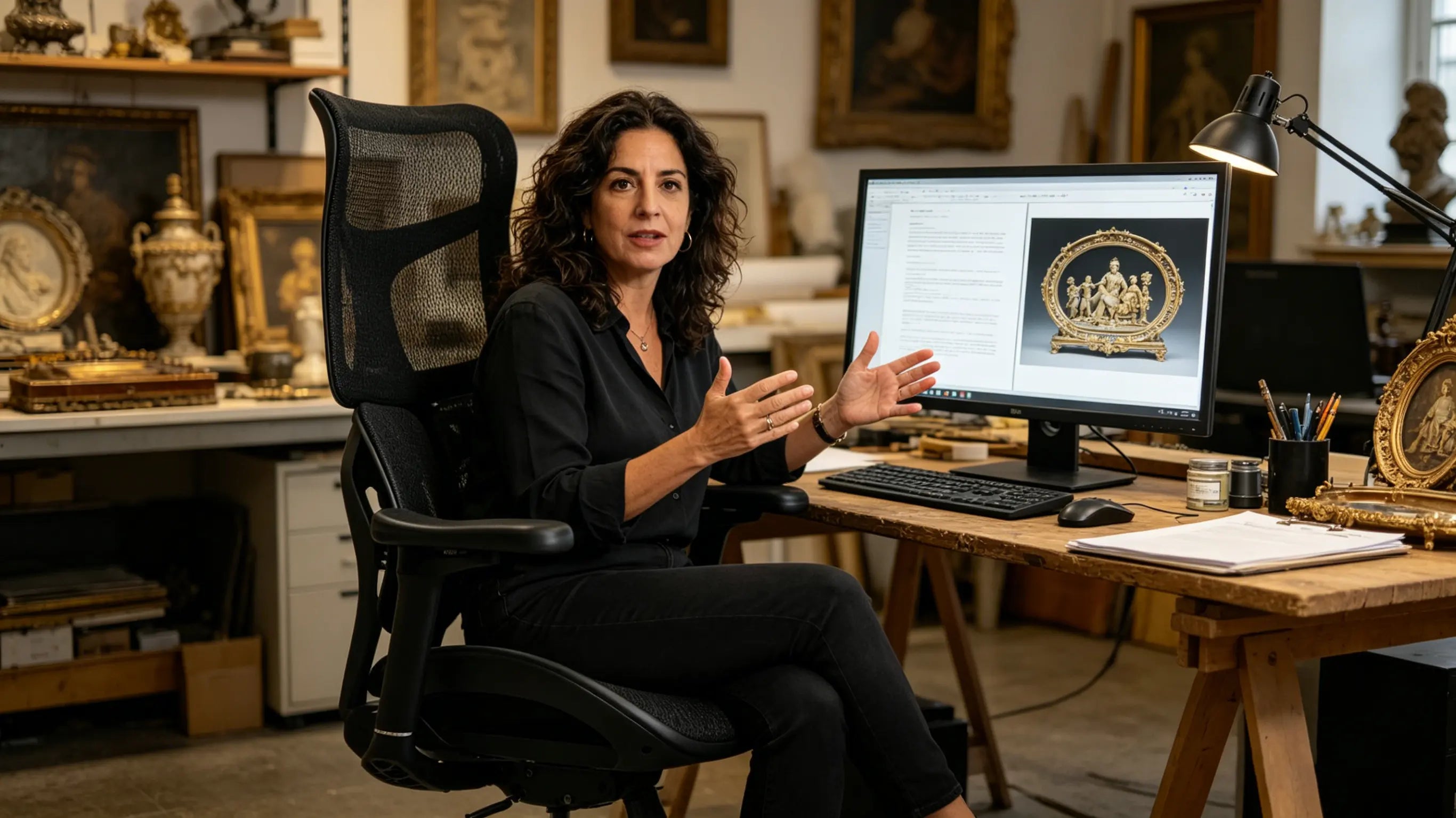 Silvia evaluando una pintura antigua sentada en su silla ergonómica despacho de Ergo Select en Palma de Mallorca