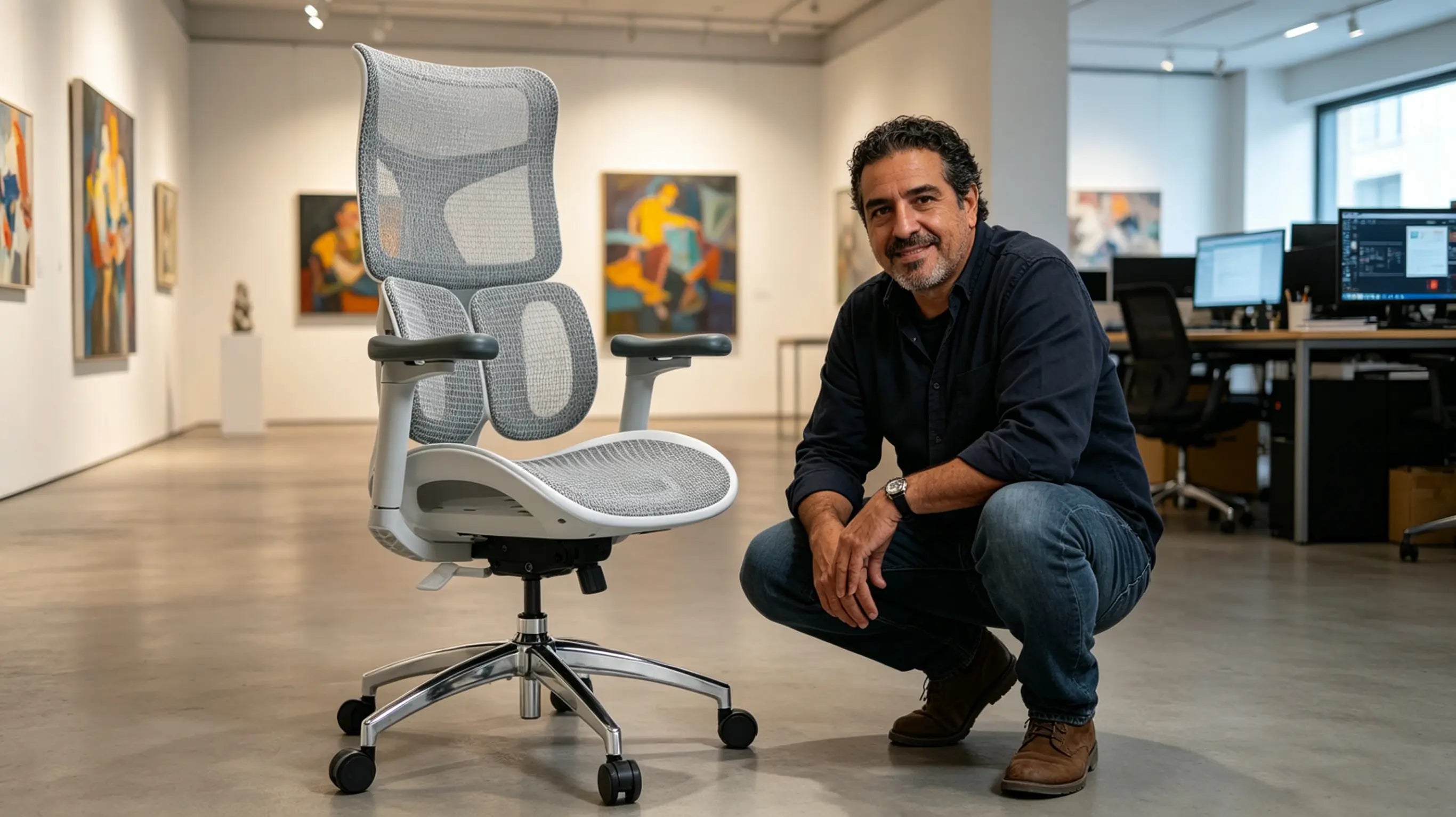 Víctor revisando piezas de una exposición digital sentado en la mejor silla de oficina calidad precio de Ergo Select en Ibiza
