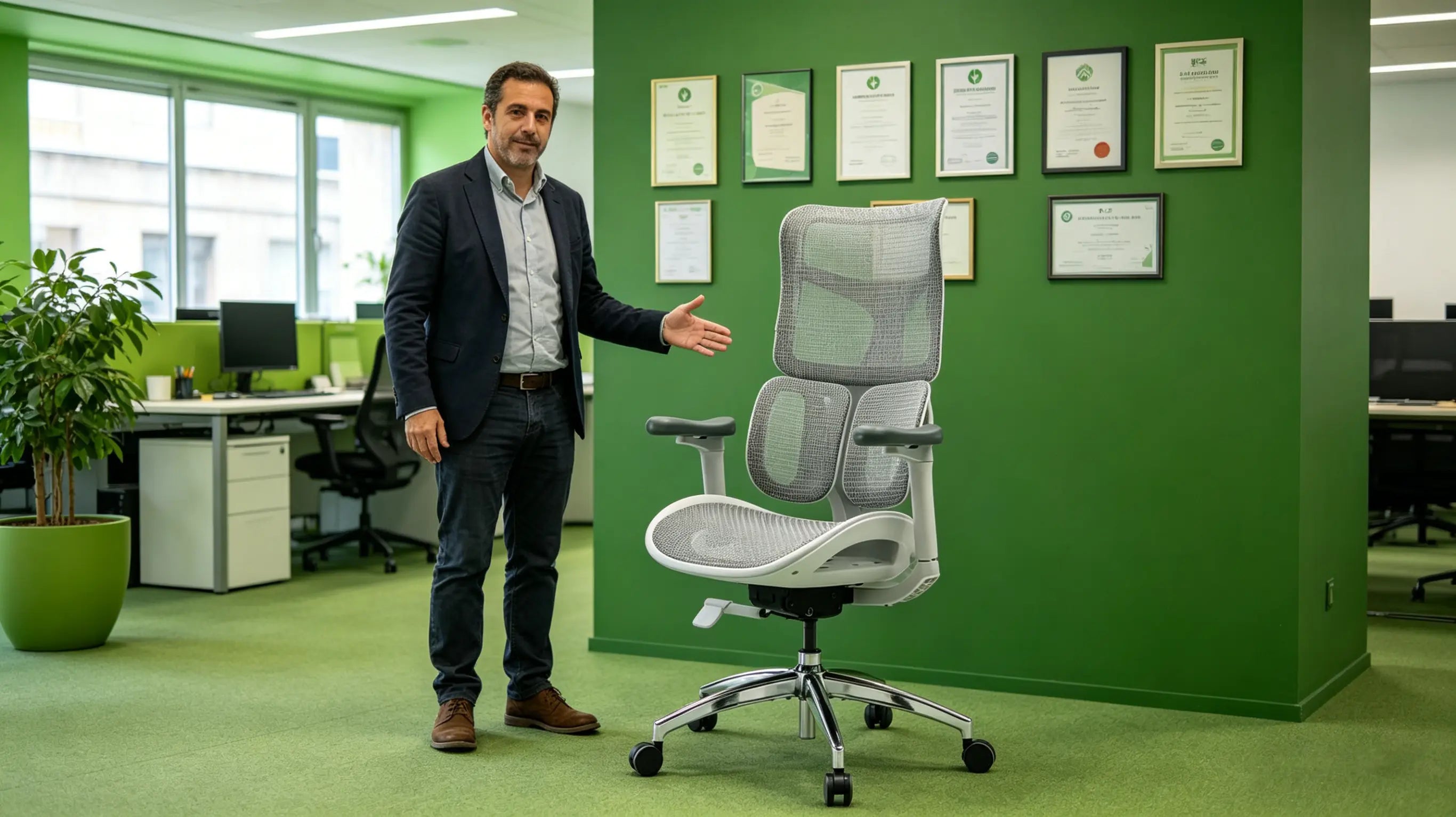 Andrés analizando proyectos de energía eficiente sentado en una de nuestras sillas ergonomicas de oficina en Bilbao.