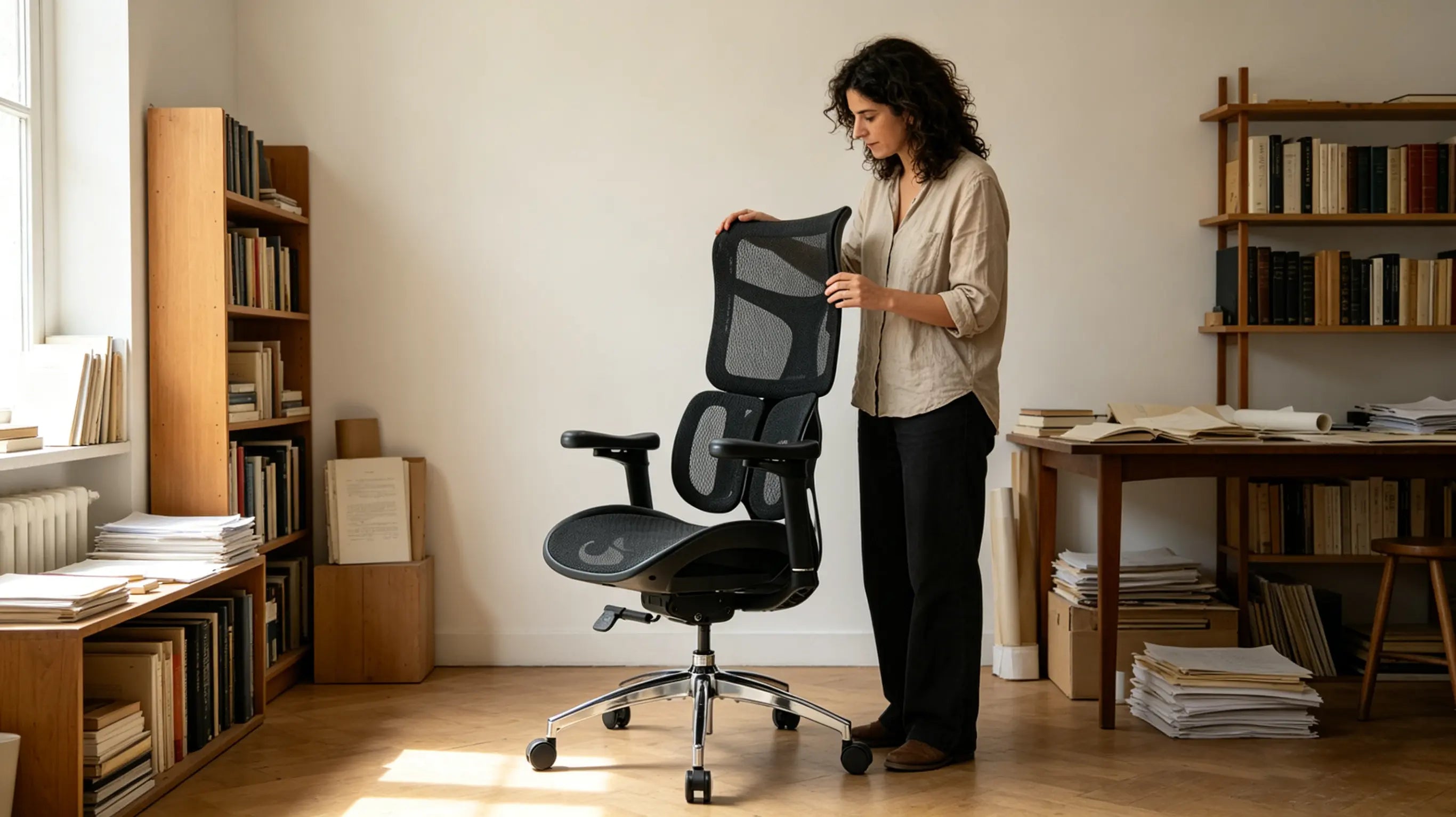 Isabel comparando su antigua silla low-cost con su nueva Ergo Select en su estudio de Barcelona.