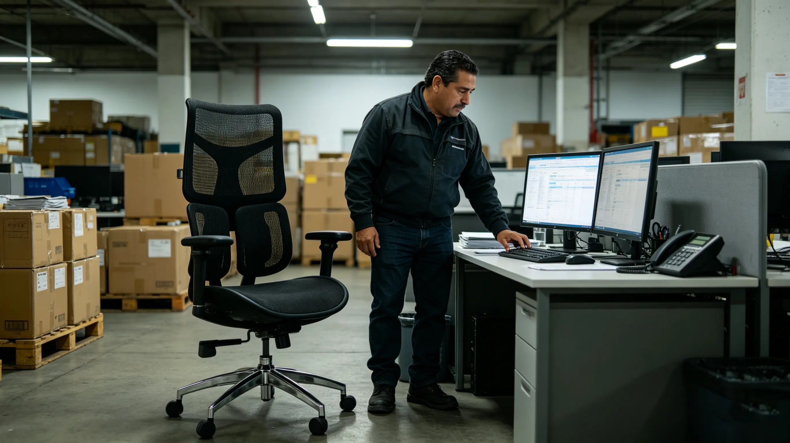 Mateo revisando diagramas de cadena de suministro sentado en su silla de oficina ergonómica de Ergo Select.