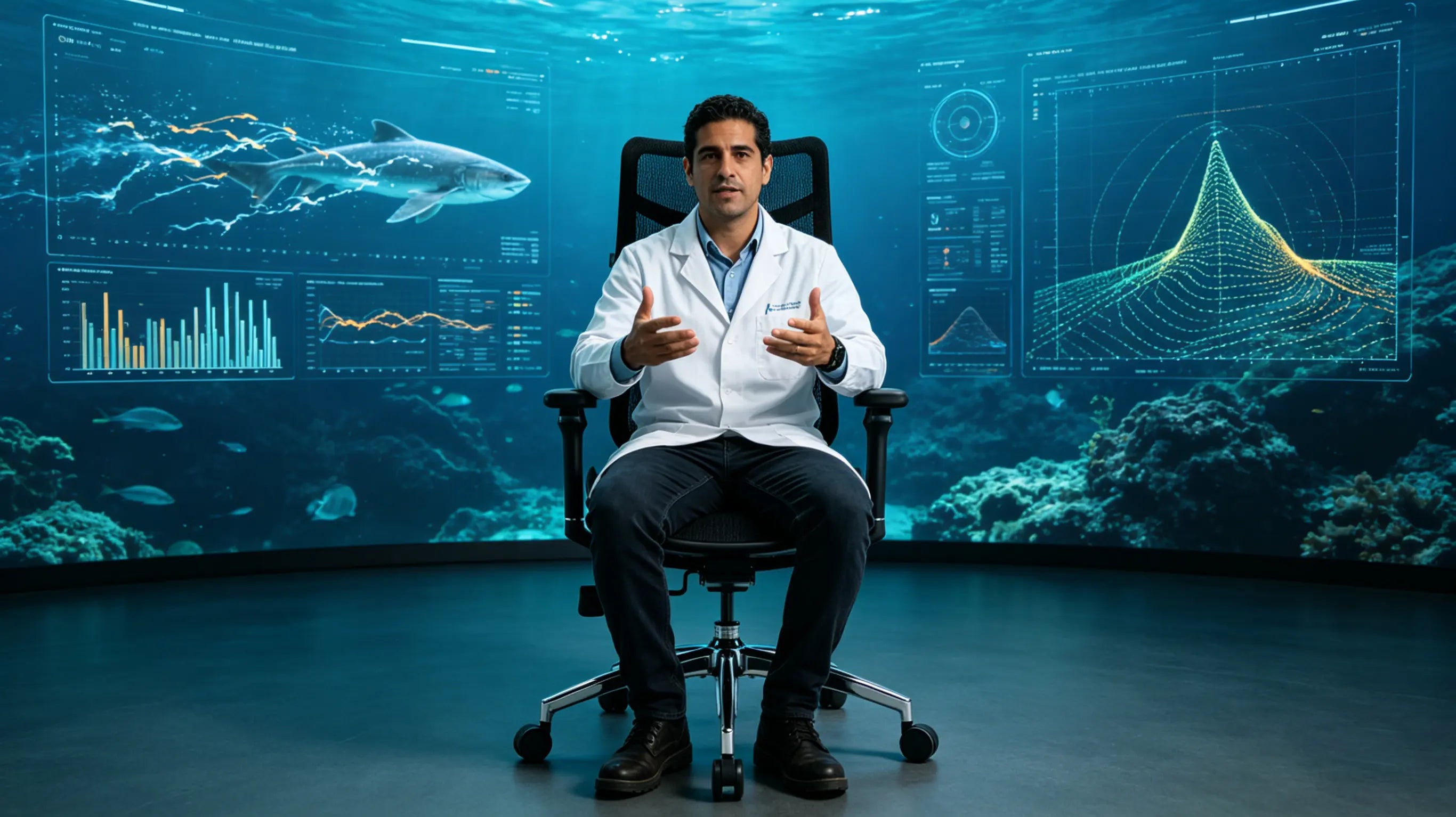 Biel revisando datos oceanográficos sentado en su silla ergonómica de Ergo Select en Menorca.