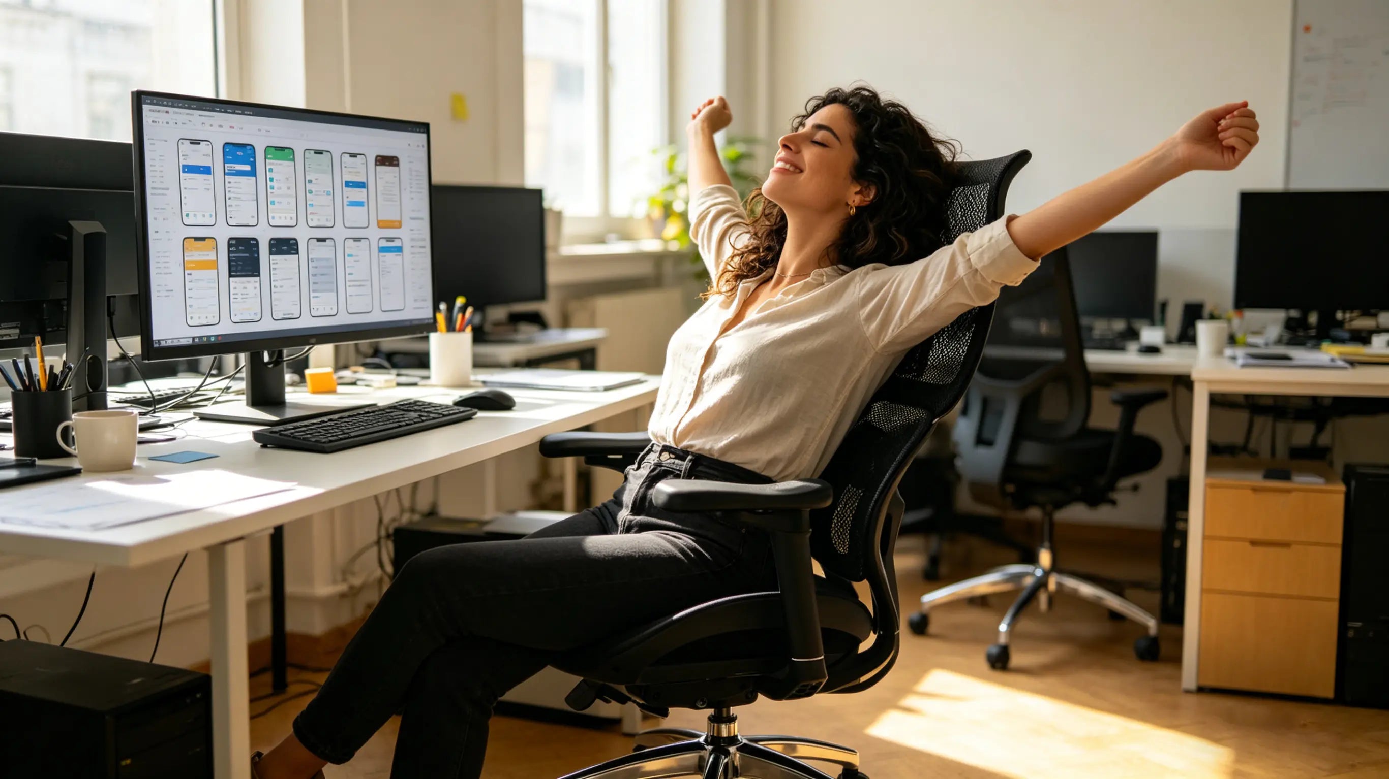 Isabel ajustando un prototipo móvil sentada en su silla escritorio ergonomica Ergo Select en Barcelona