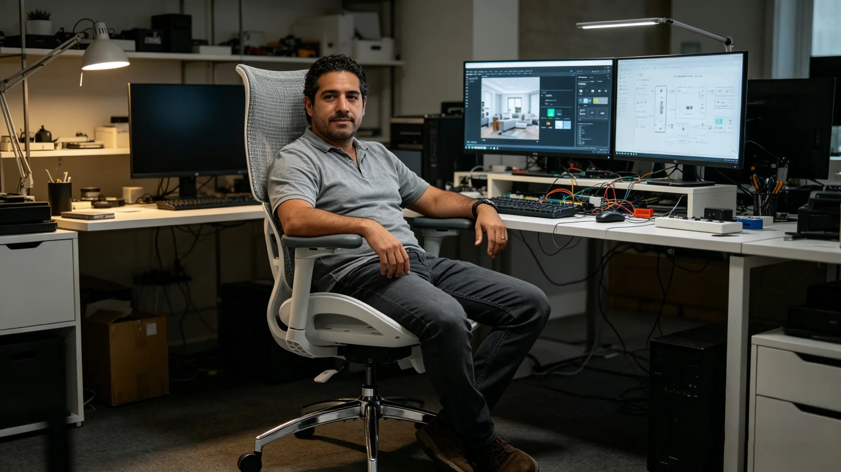 Andreu programando sistemas domóticos sentado en su silla escritorio ergonómica en Barcelona