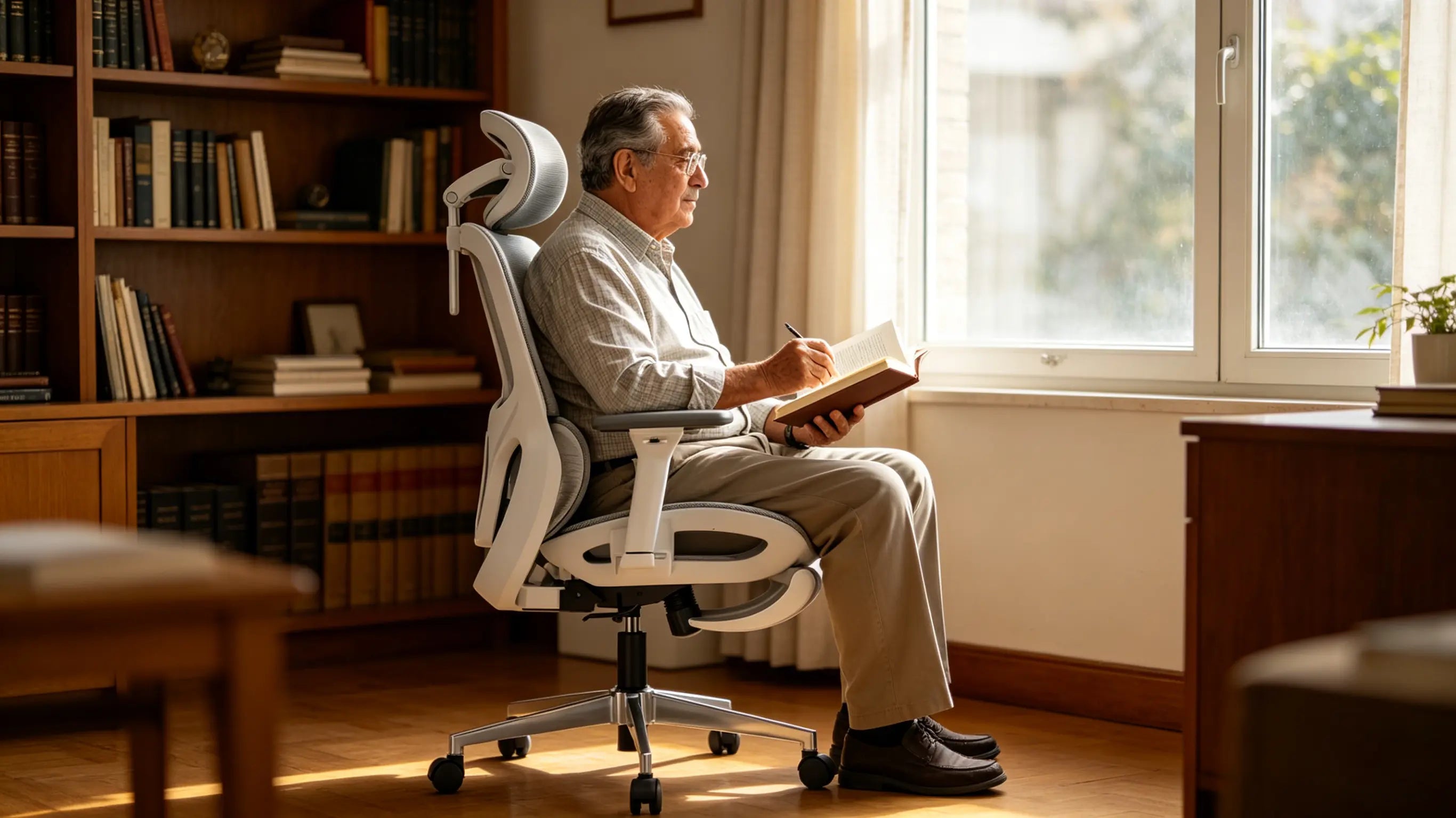 Don Emilio, catedrático emérito de 68 años, escribiendo sus memorias en su silla de escritorio cómoda de Ergo Select en Salamanca.