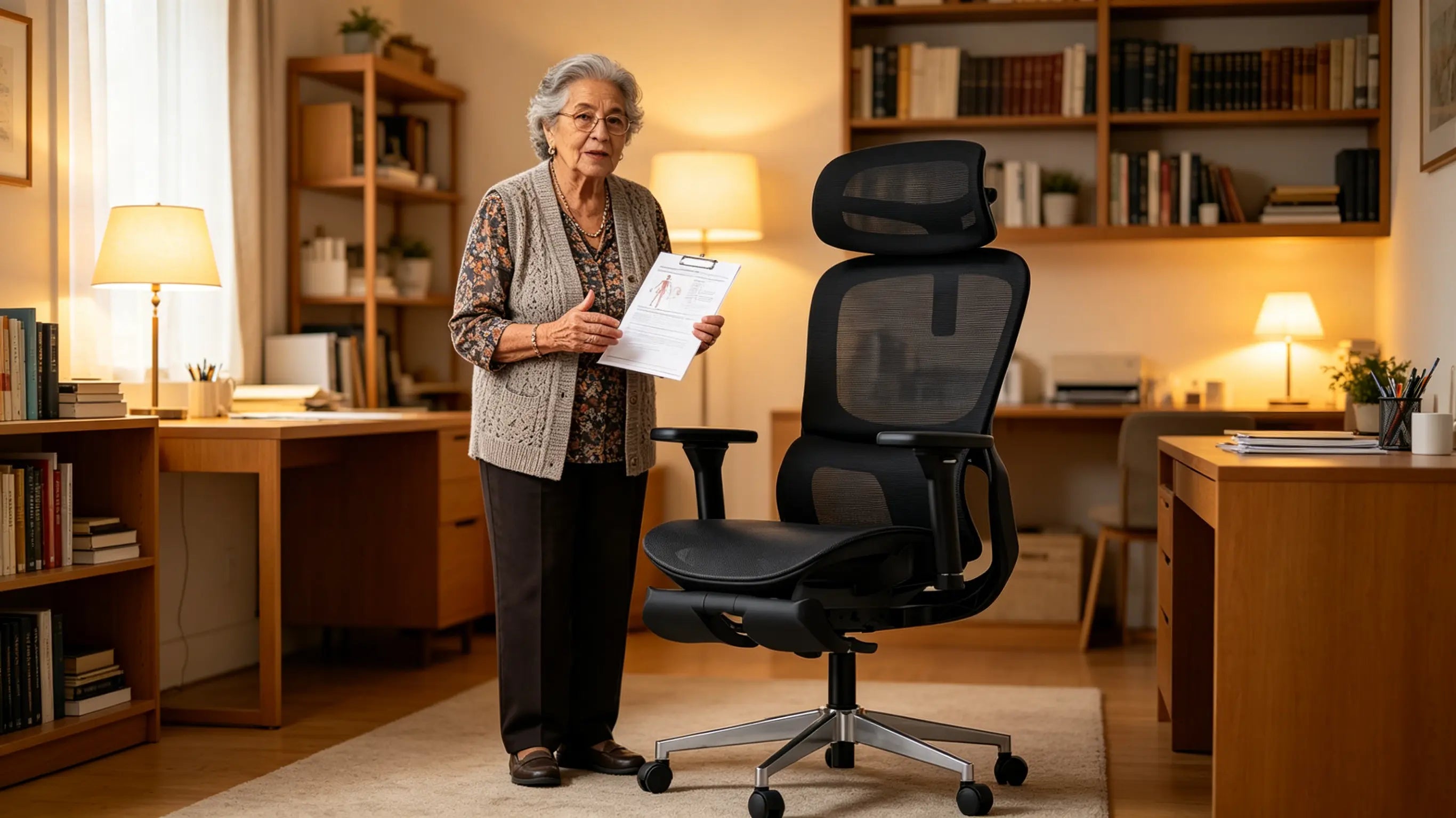 La doctora Elena, escritora e ilustradora de 78 años, revisando manuscritos médicos en su silla ergonómica de oficina Ergo Select en su estudio de Madrid.