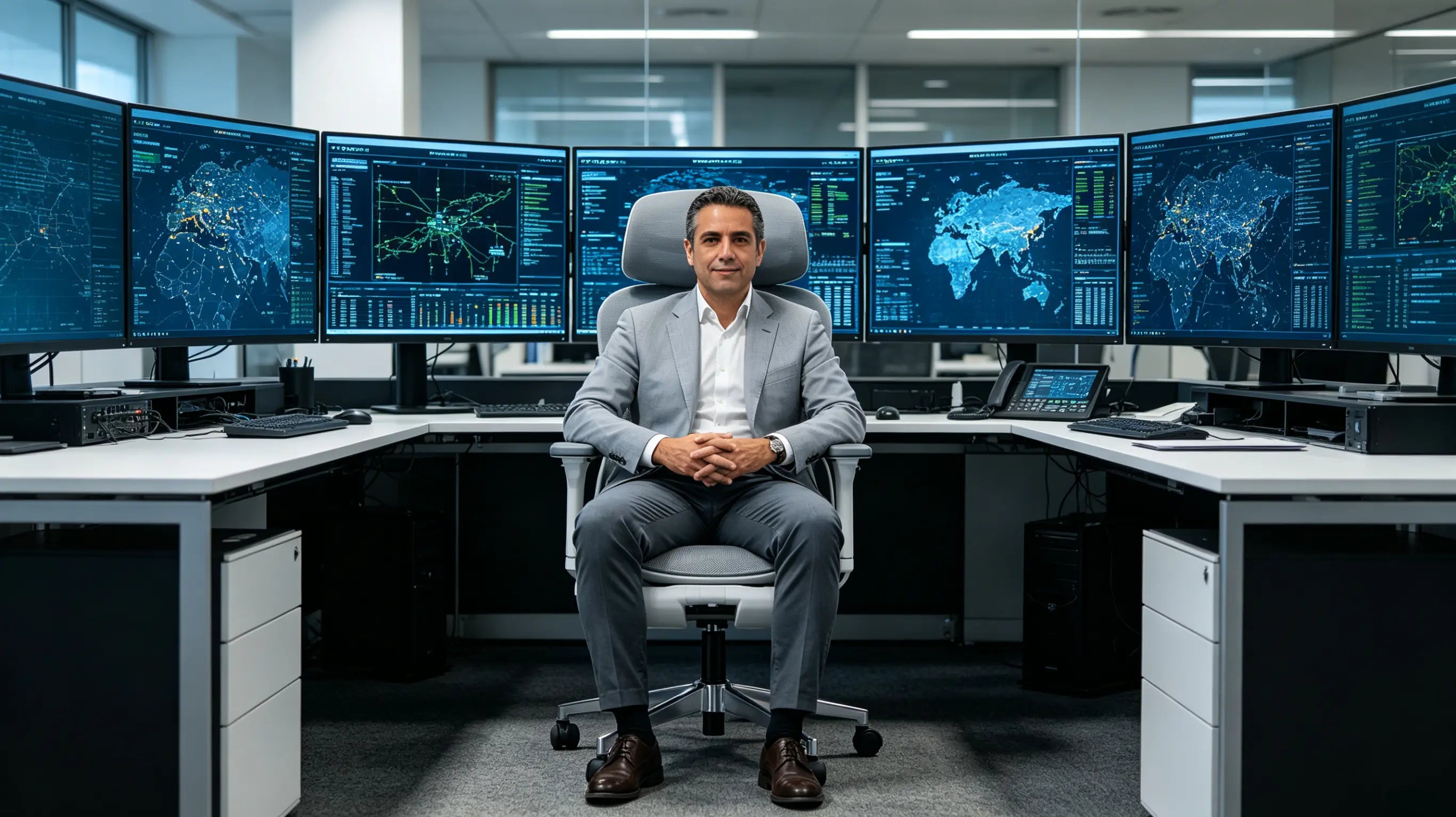 Don Marcos, CISO de 47 años, monitorizando redes globales en la mejor silla ergonómica de Ergo Select en Madrid.