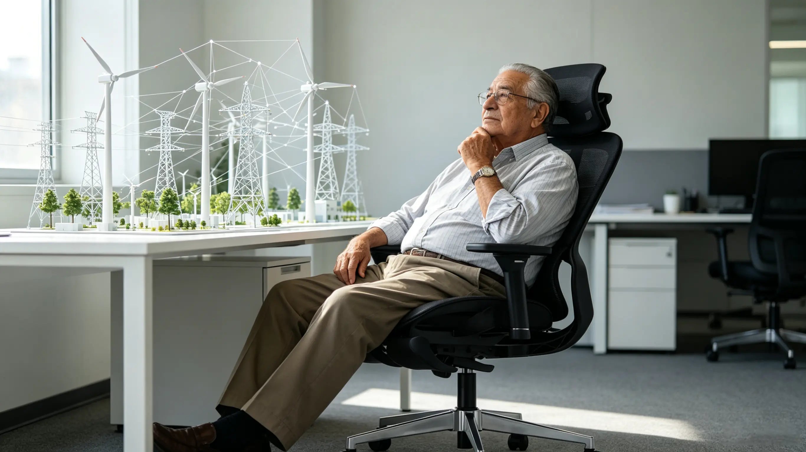 Don Julián, físico emérito de 77 años, analizando modelos de redes de energía en su silla de oficina ergonómica Ergo Select en su despacho de Madrid.