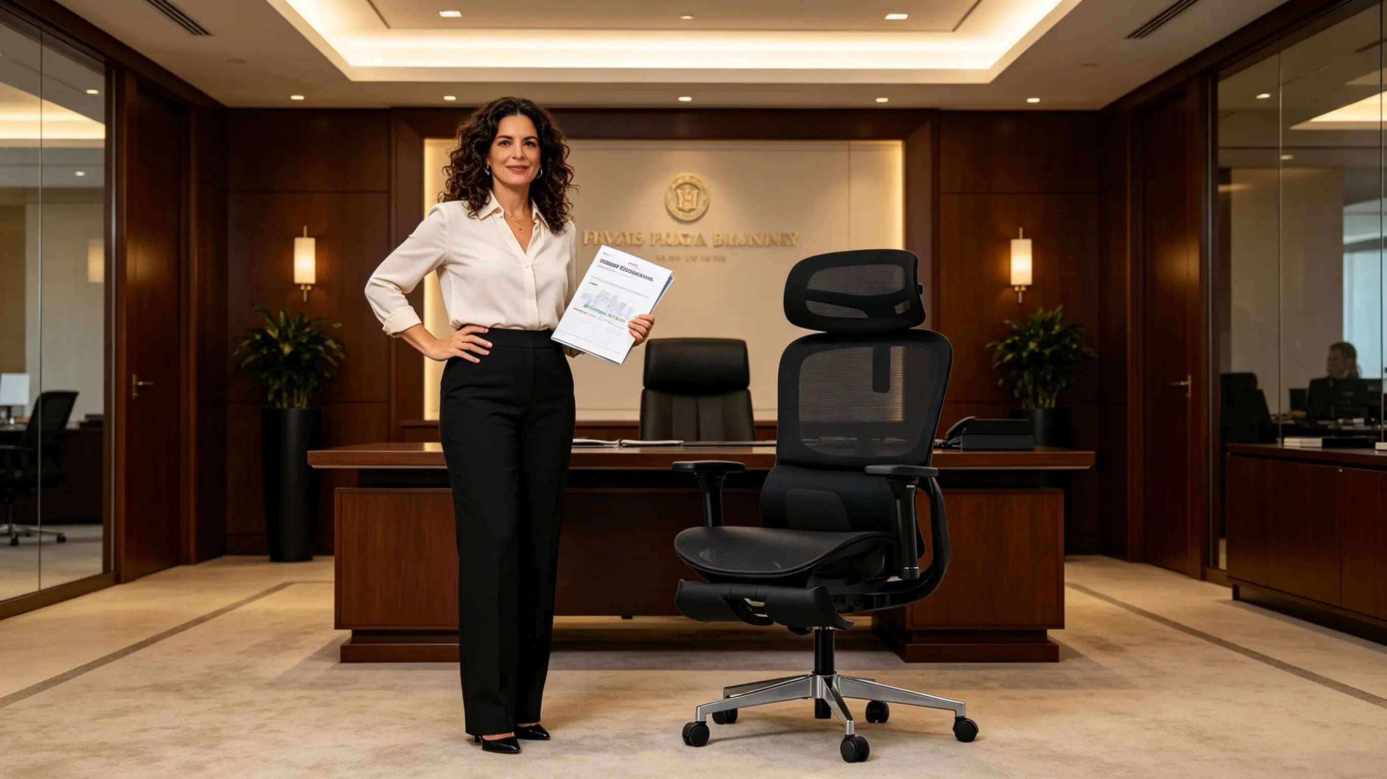 Doña Mercedes, directora de banca privada de 43 años, analizando carteras de inversión transnacionales en su silla de oficina ergonómica Ergo Select en Madrid.