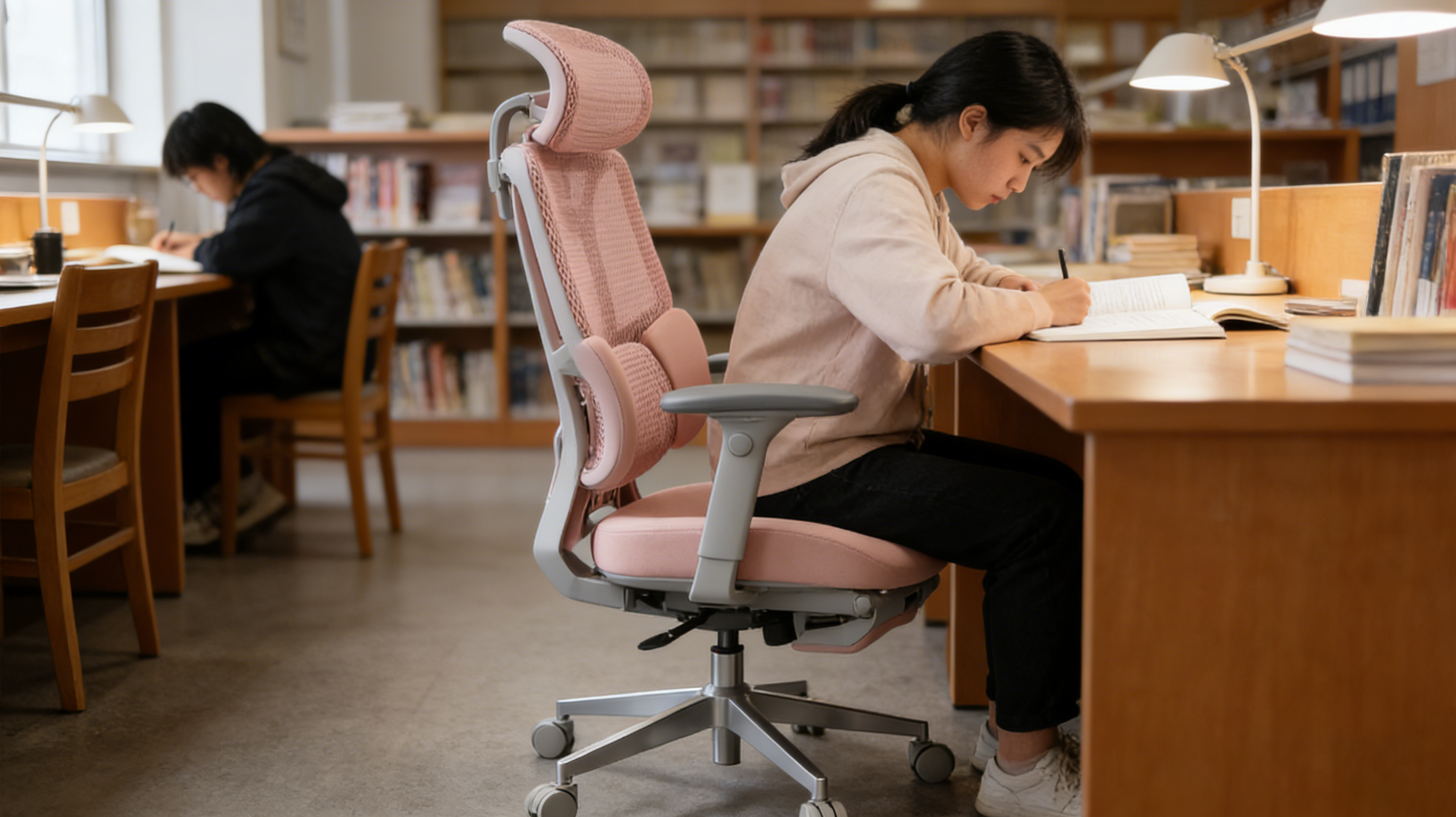 Late-night study session in a pink office desk chair ergonomic