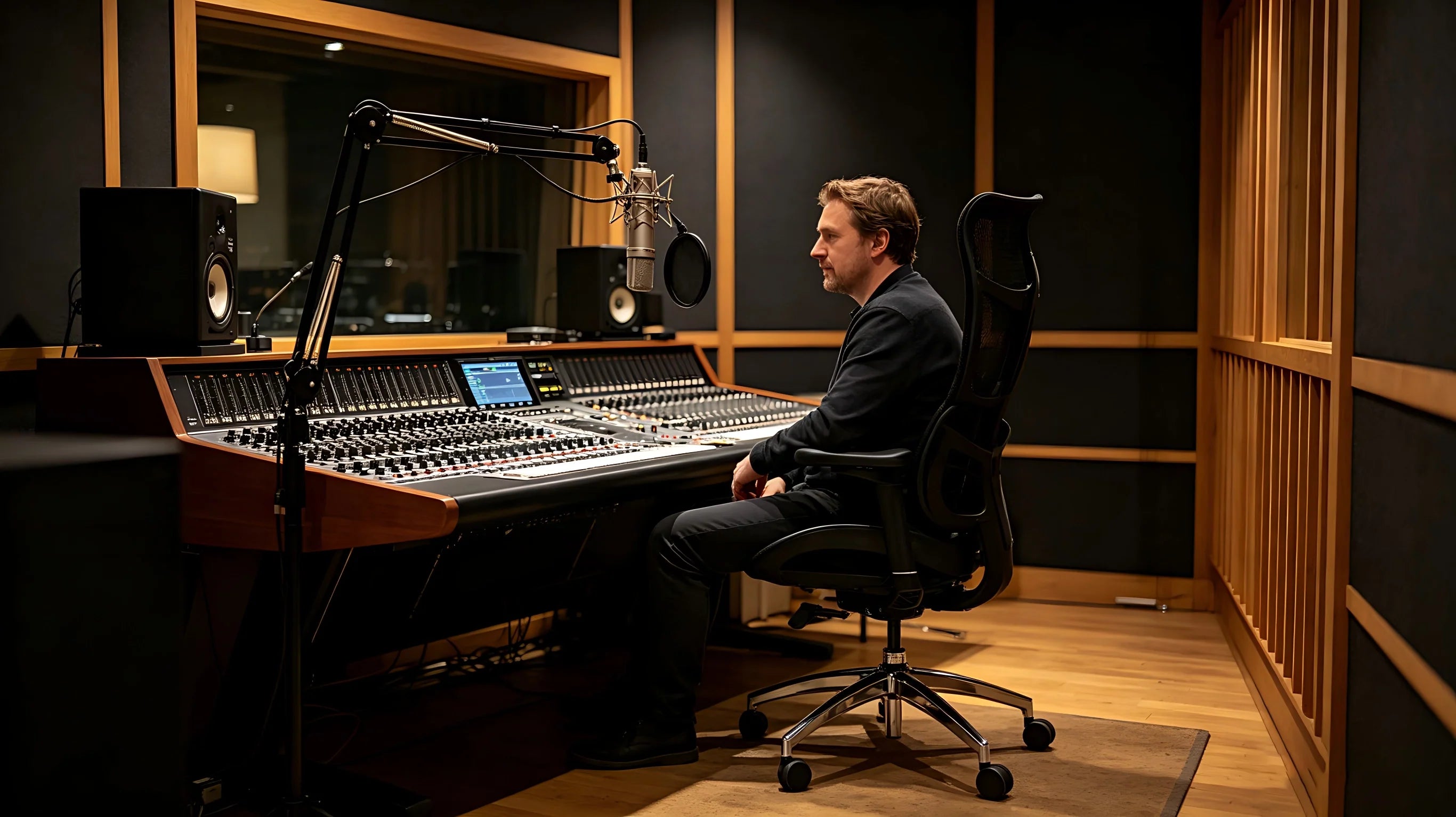 A voice artist relaxing in the 140-degree recline of the ergonomic desk chair between recording sessions.