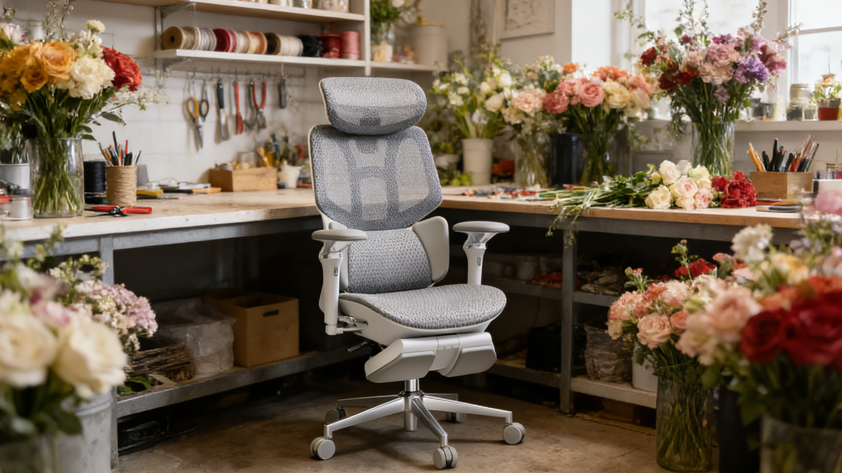 Ergonomic chair featuring a waterfall seat edge to reduce pressure on the lower legs.