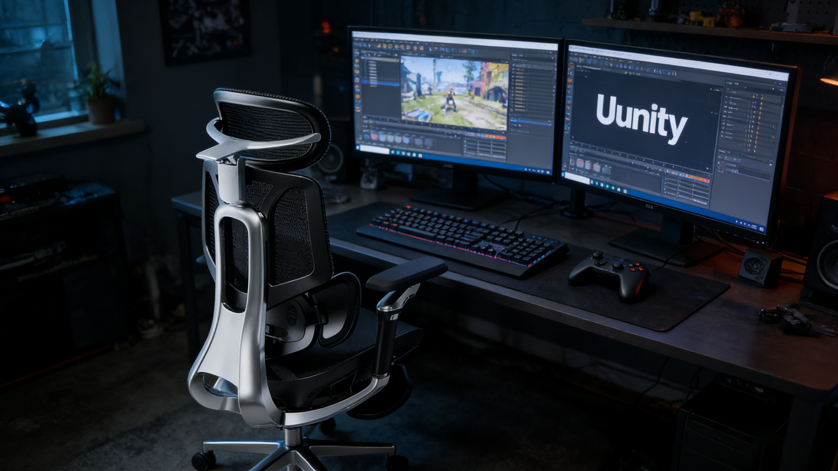 Ergonomic office chair showing specialized twin-wheel casters for carpeted floors.
